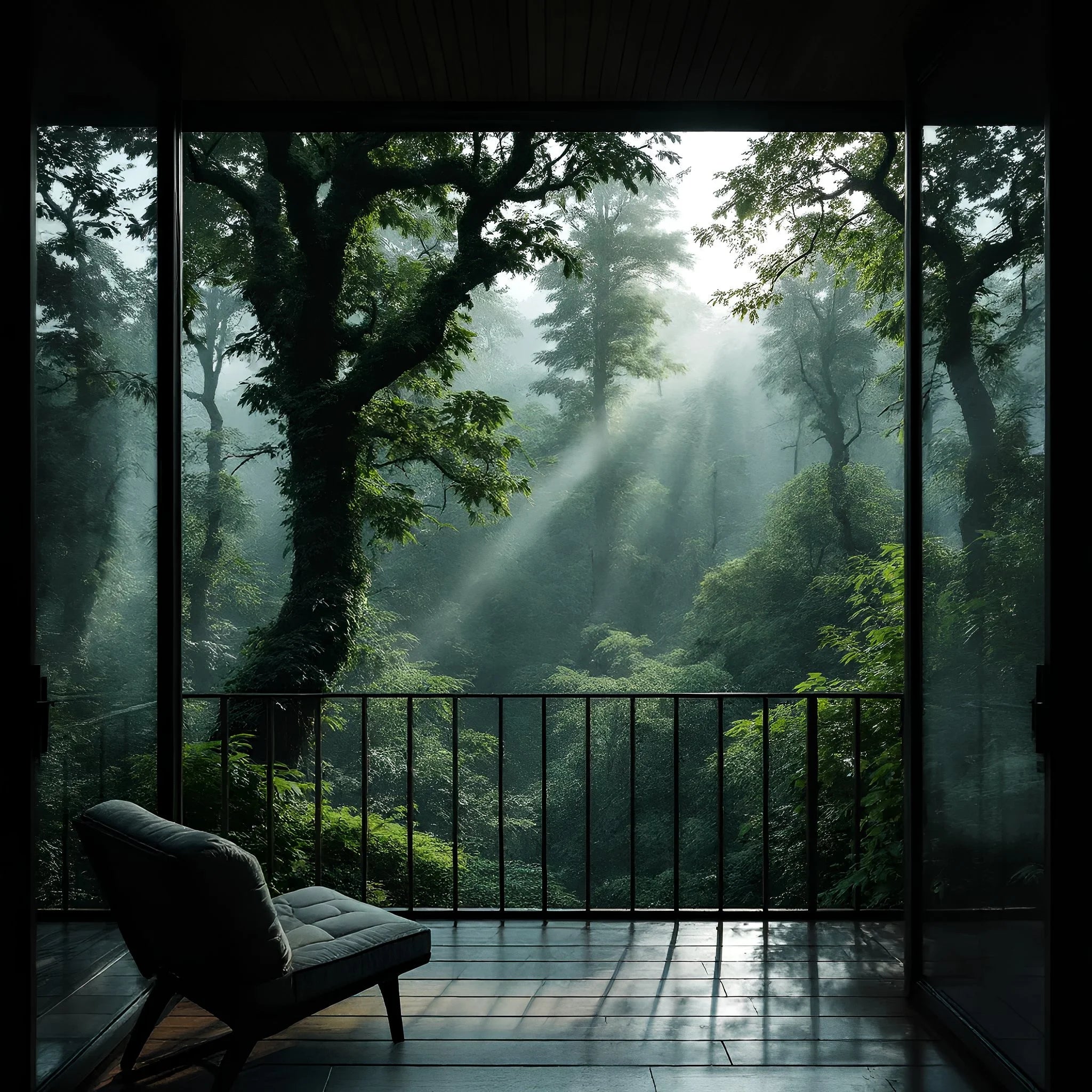 beautiful balcony shot of a dark forest with sun casting through the forest trees