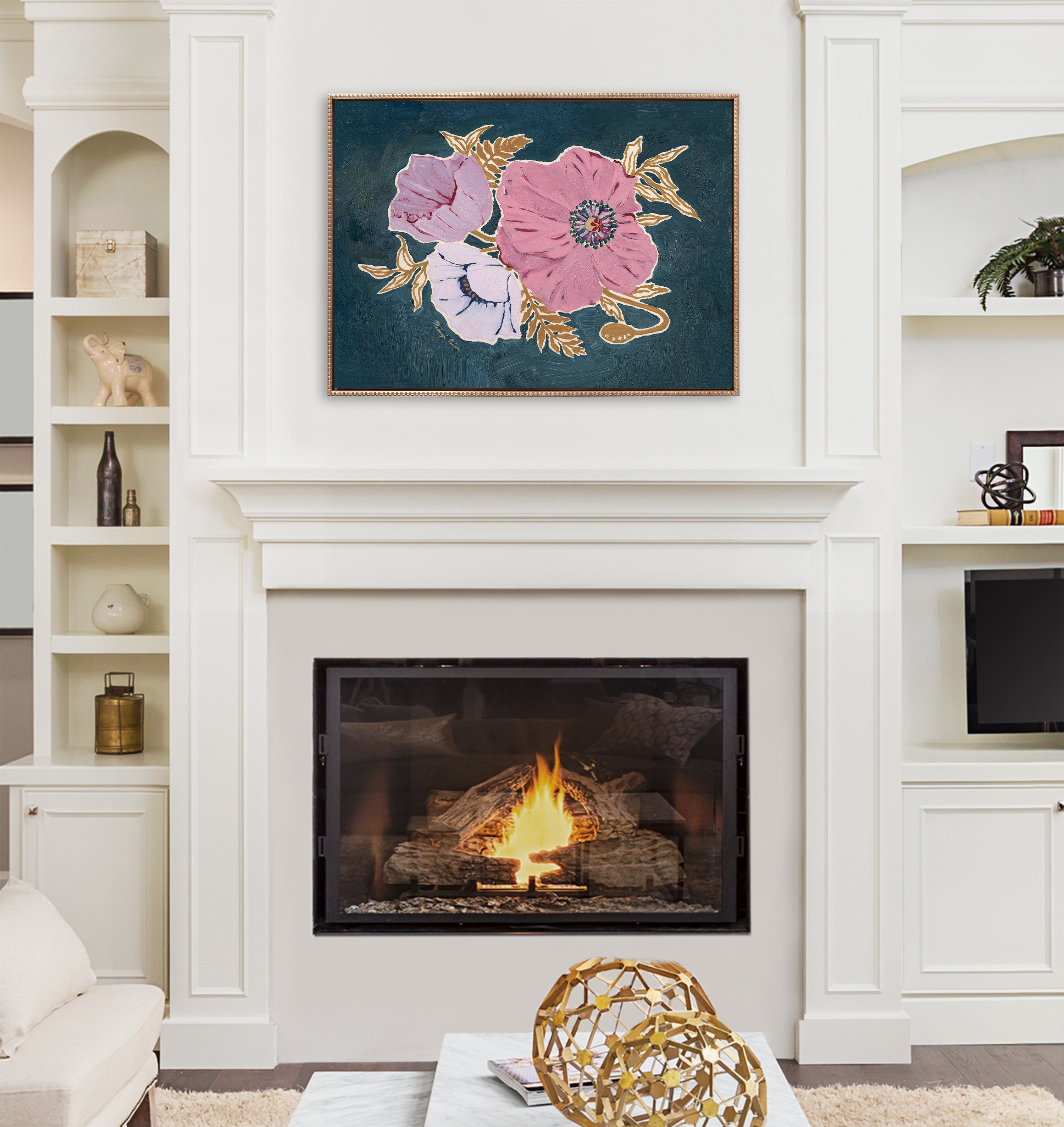 Sylvie Beaded Three Purple Poppies Framed Canvas by Mackenzie Nelson