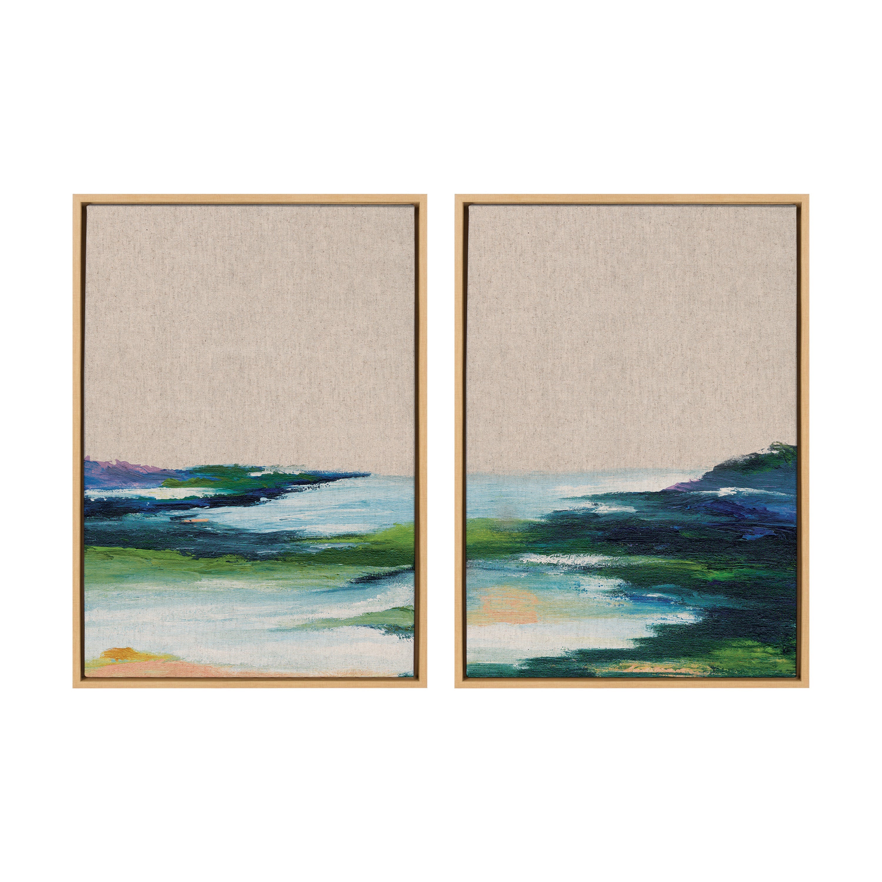 Sylvie Lake Huron I and II Neutral Linen Framed Canvas Art Set showing abstract nature landscapes in neutral tones