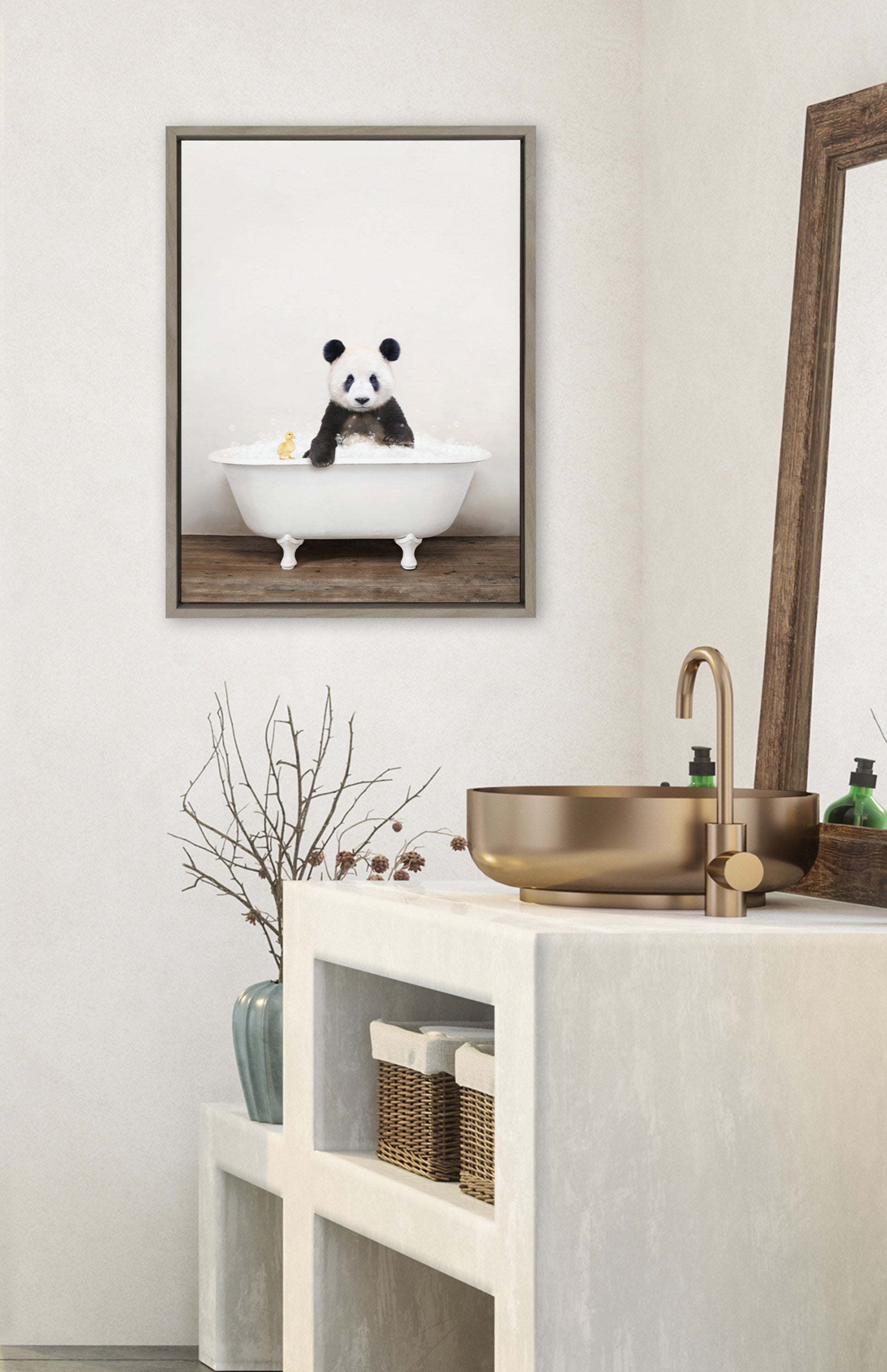 Sylvie Panda Waving in Rustic Bath Framed Canvas