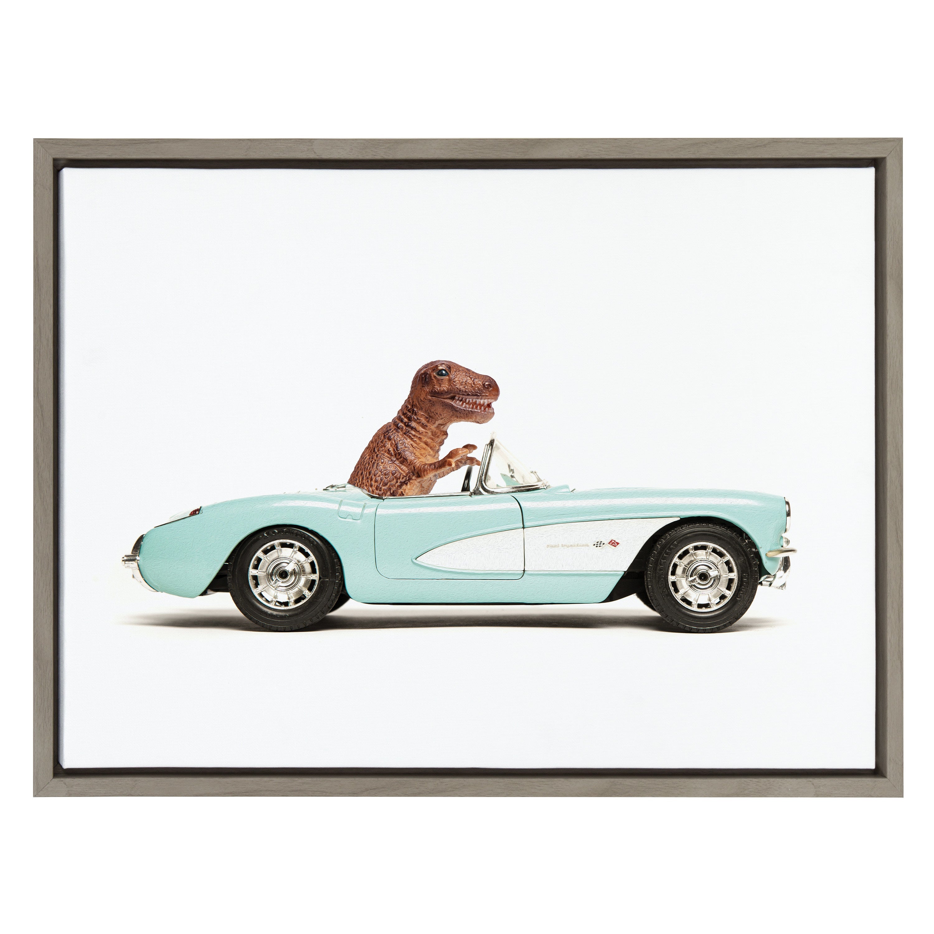 Sylvie T Rex Driving 1957 Aqua Chevy Framed Canvas by Saint and Sailor Studios