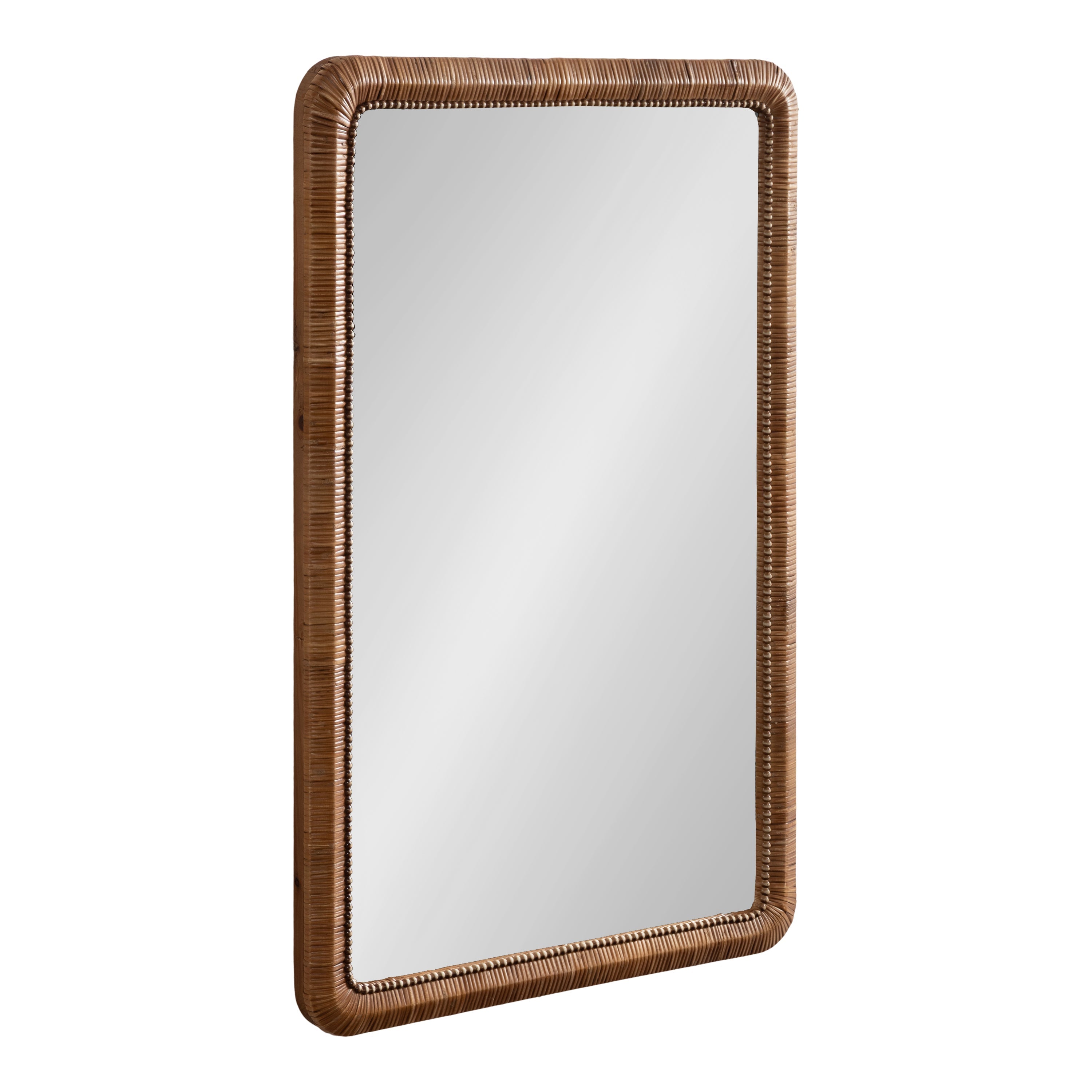 Rahfy Beaded Rectangle Framed Mirror with natural textured rattan rounded rectangle frame hanging on wall