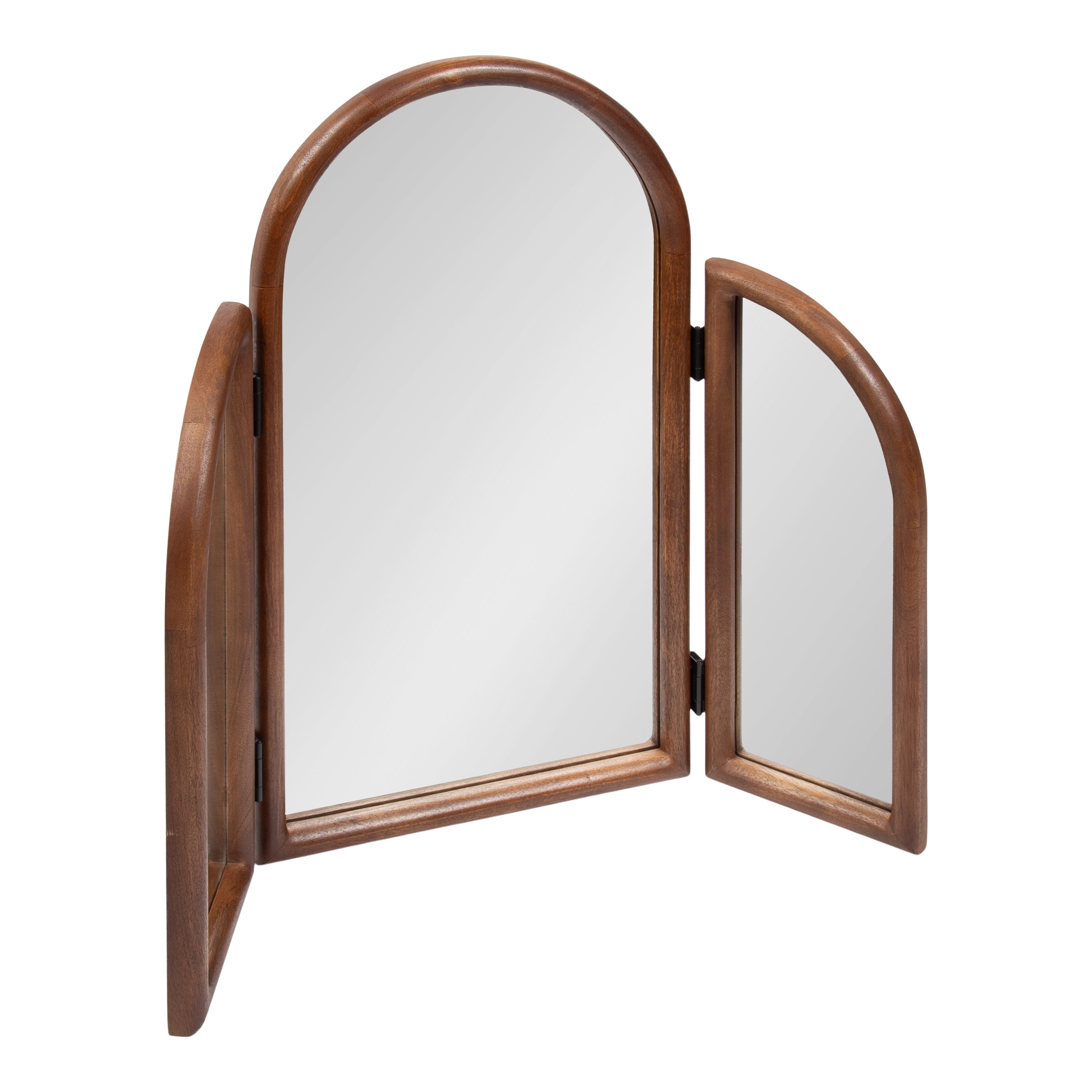 Amoli Tri Fold Mirror with walnut brown mango wood frame showing three adjustable mirrors