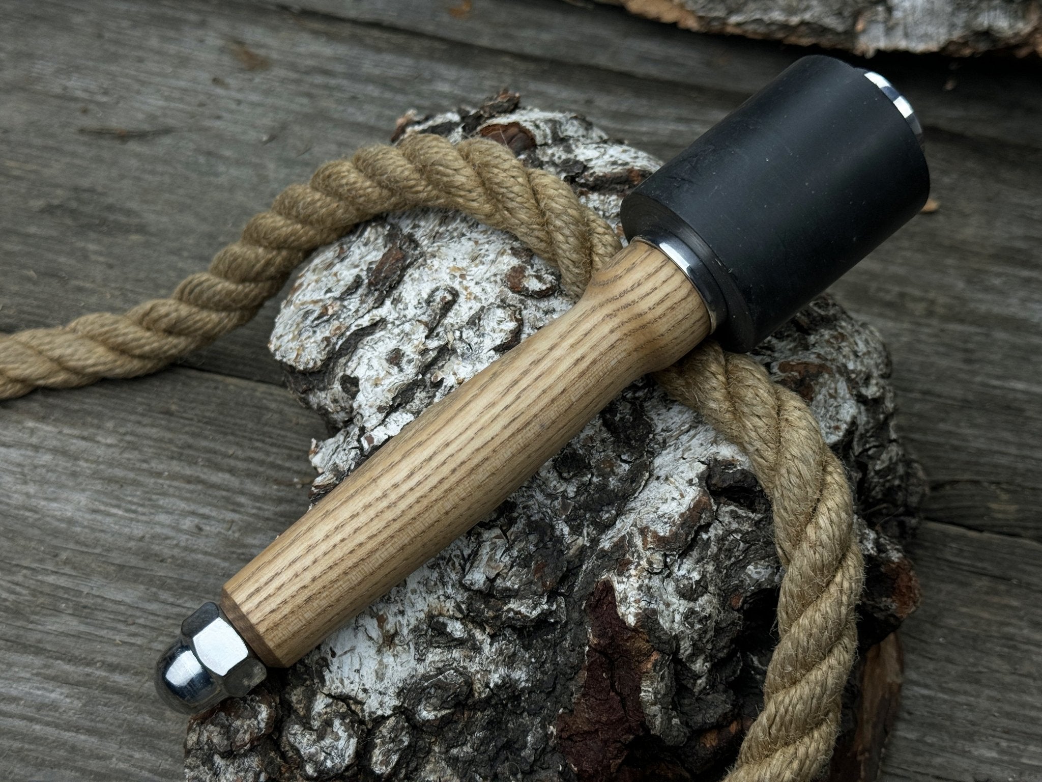 Handcrafted mallet with nylon head and ash wood handle by Sharky Forged Steel Tools
