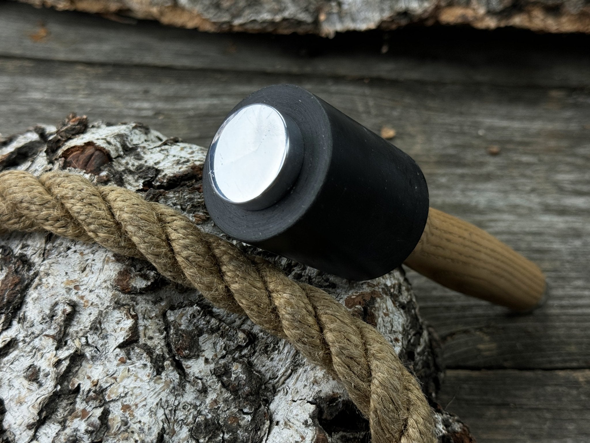 Handcrafted mallet with nylon head and ash wood handle by Sharky Forged Steel Tools