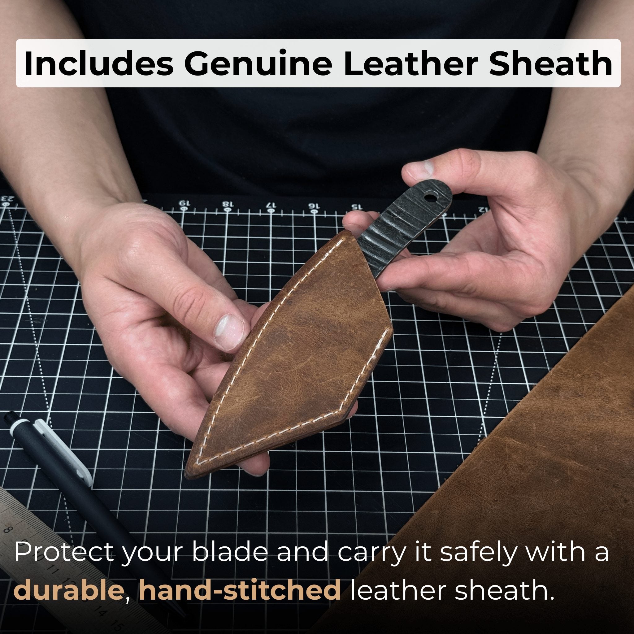 Hand-forged Kiridashi marking knife with 3.5 cm carbon steel blade and leather sheath