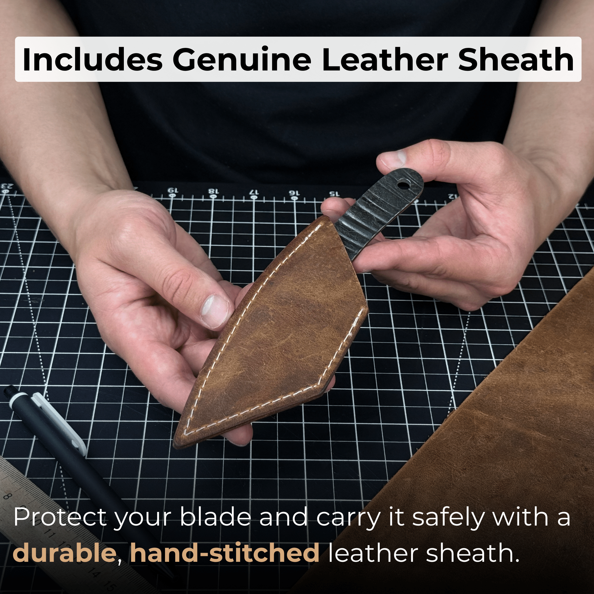 Hand-forged Kiridashi marking knife with 3.5 cm carbon steel blade and leather sheath