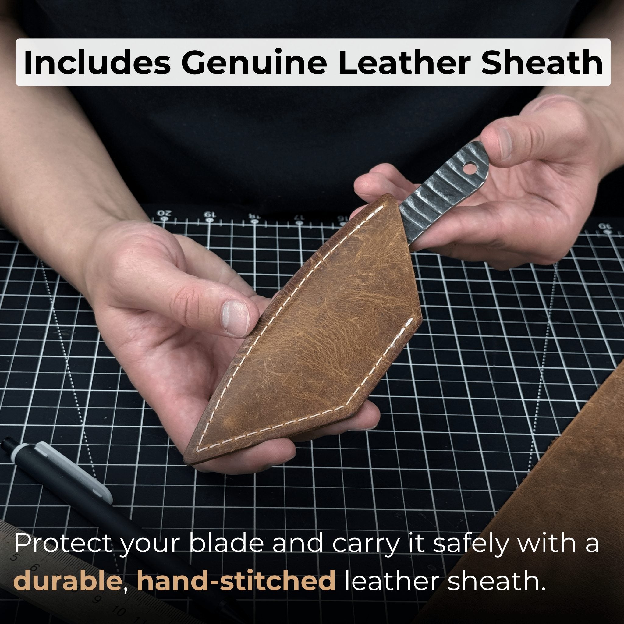 Hand-forged Kiridashi marking knife with rounded blade and leather sheath