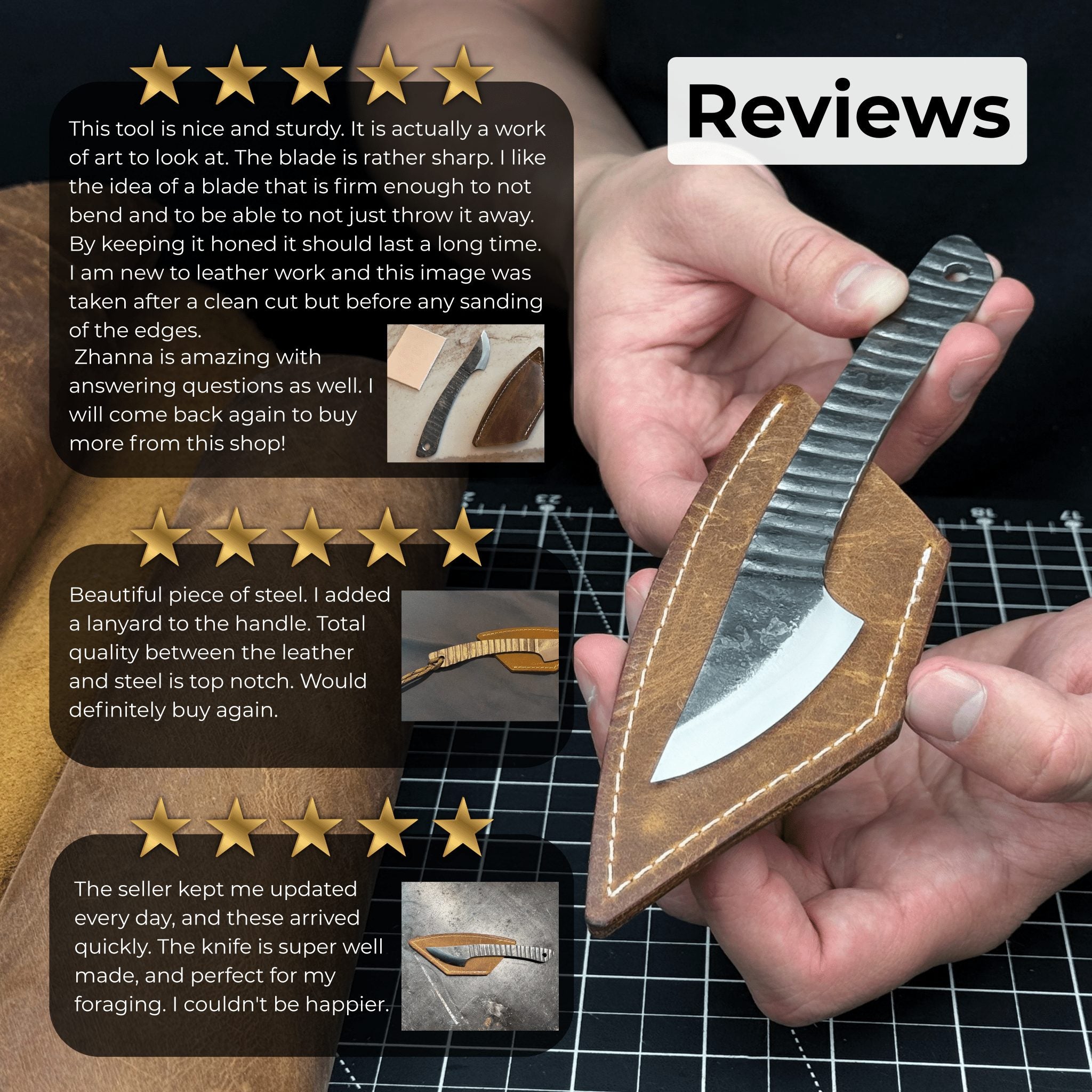 Hand-forged Kiridashi marking knife with rounded blade and leather sheath