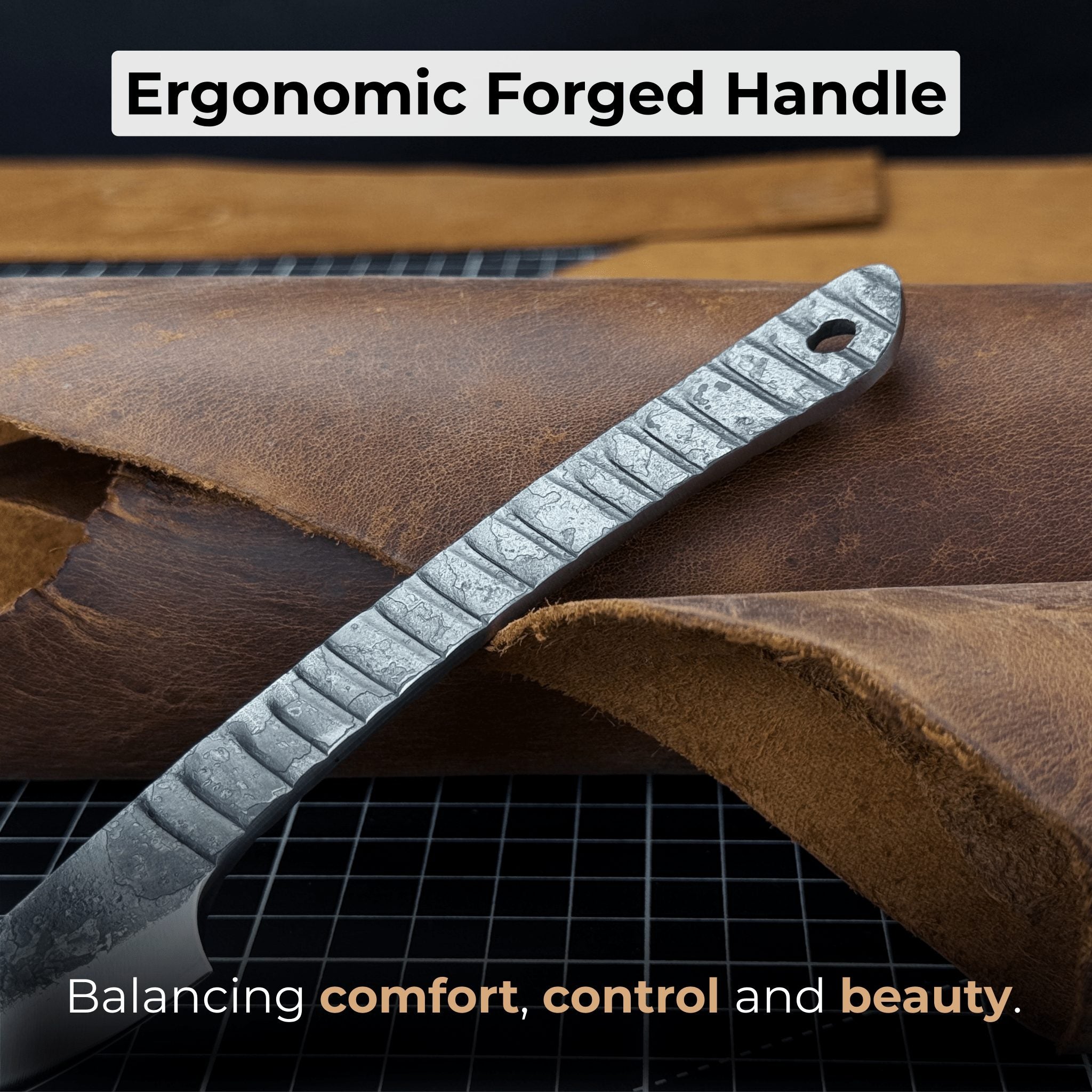 Hand-forged Kiridashi marking knife with rounded blade and leather sheath