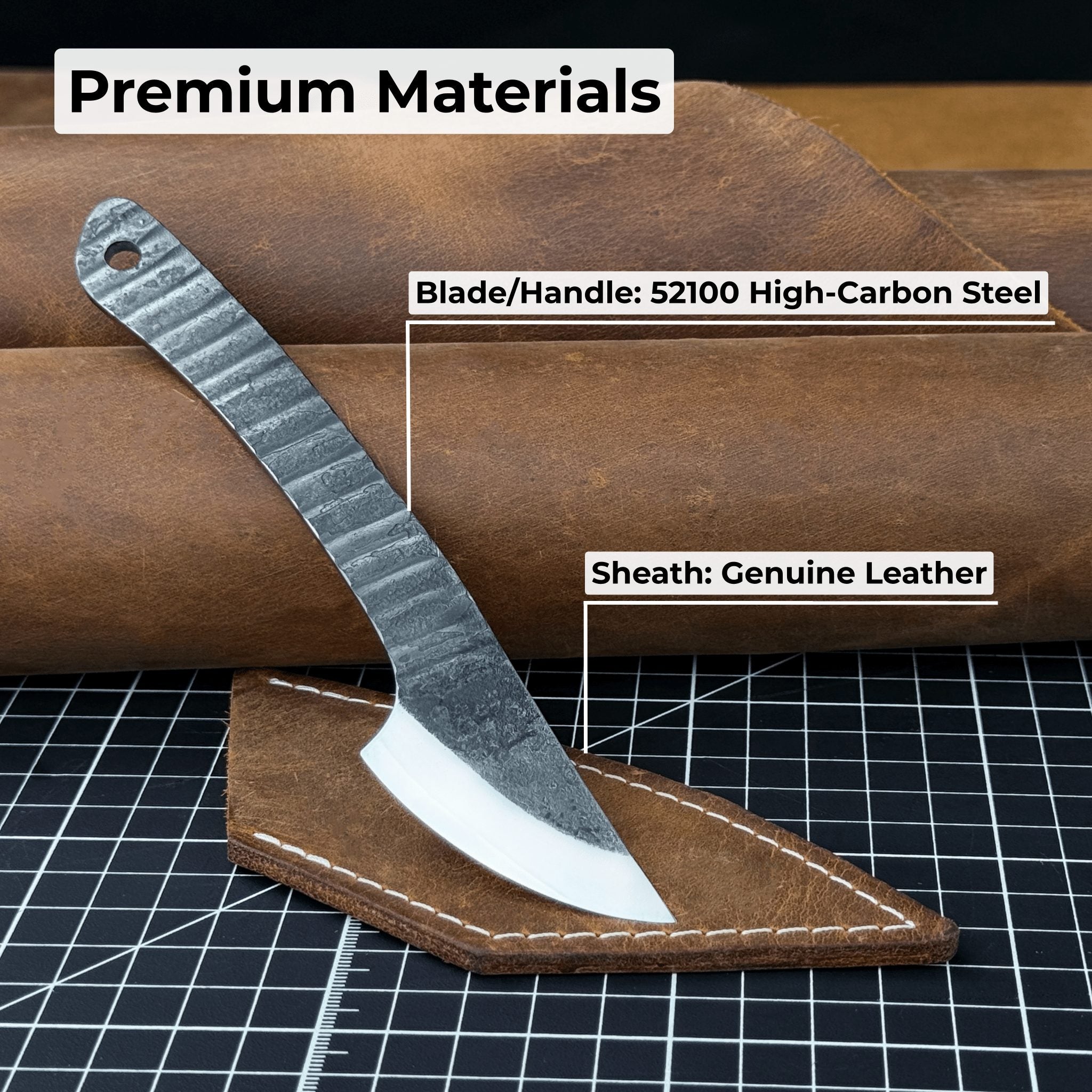 Hand-forged Kiridashi marking knife with rounded blade and leather sheath