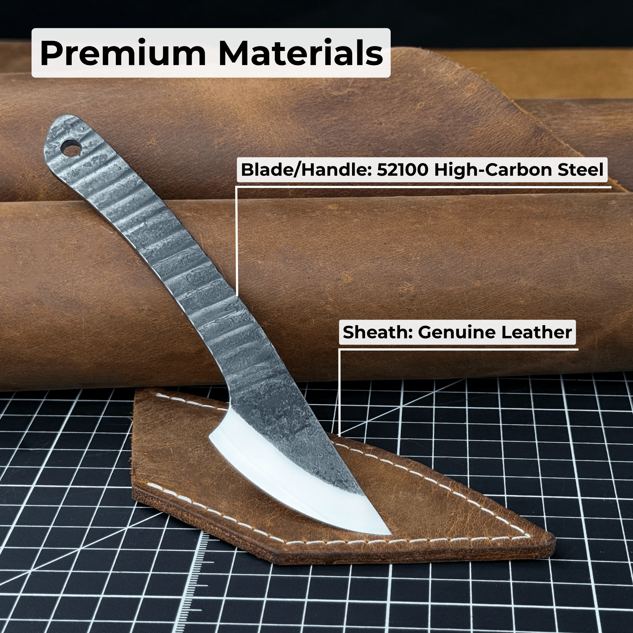 Hand-forged Kiridashi marking knife with rounded blade and leather sheath