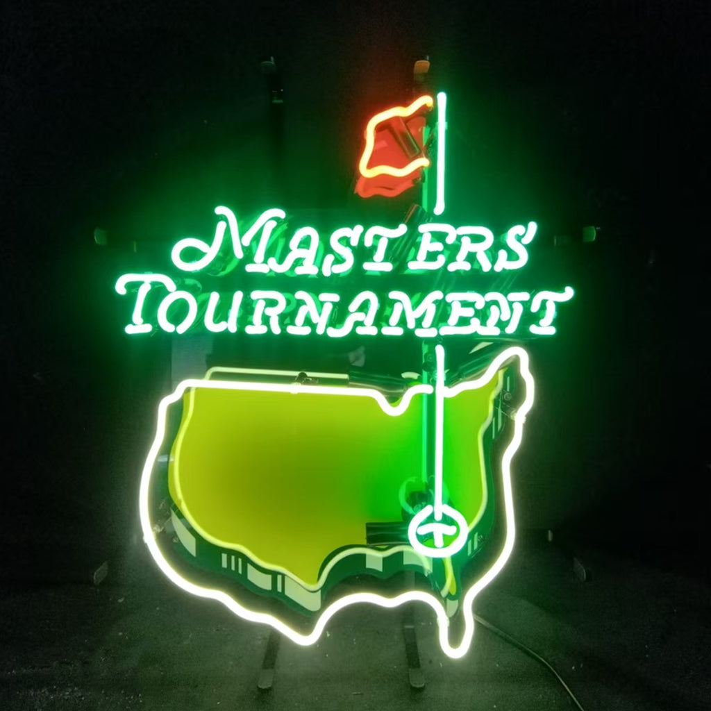 Masters Tournament Golf Logo Neon Sign Light with black acrylic backboard illuminating a golf ball and green design