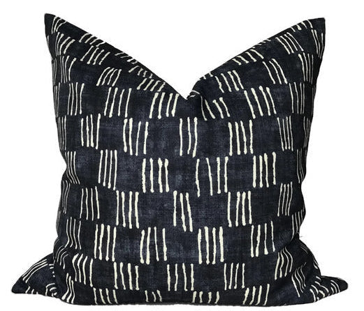 Matchsticks Pillow Cover in Indigo Blue showing front indigo printed fabric and ivory linen back