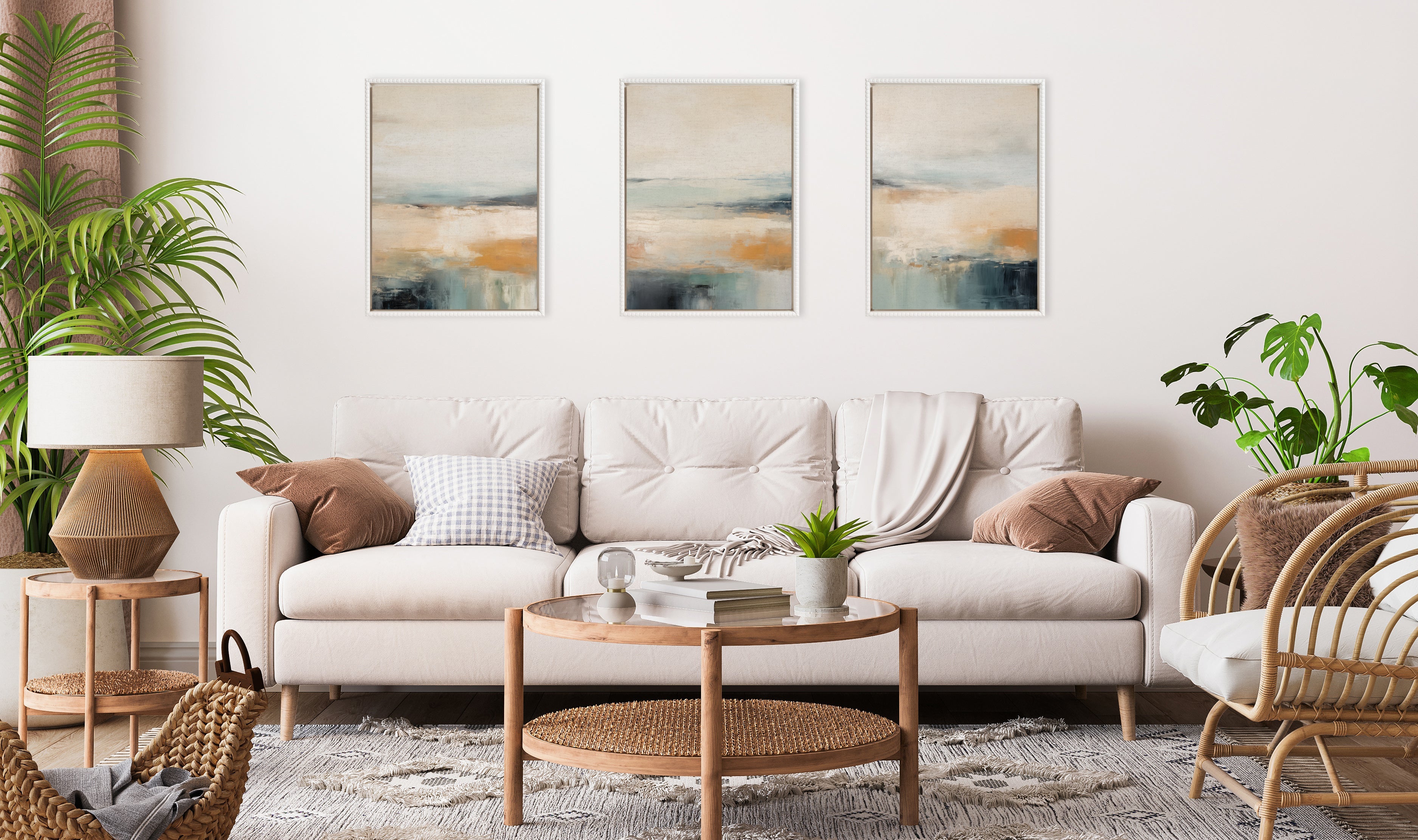 Sylvie Blue Beach Ocean Coastal Abstract Framed Canvas Art Set by The Creative Bunch Studio