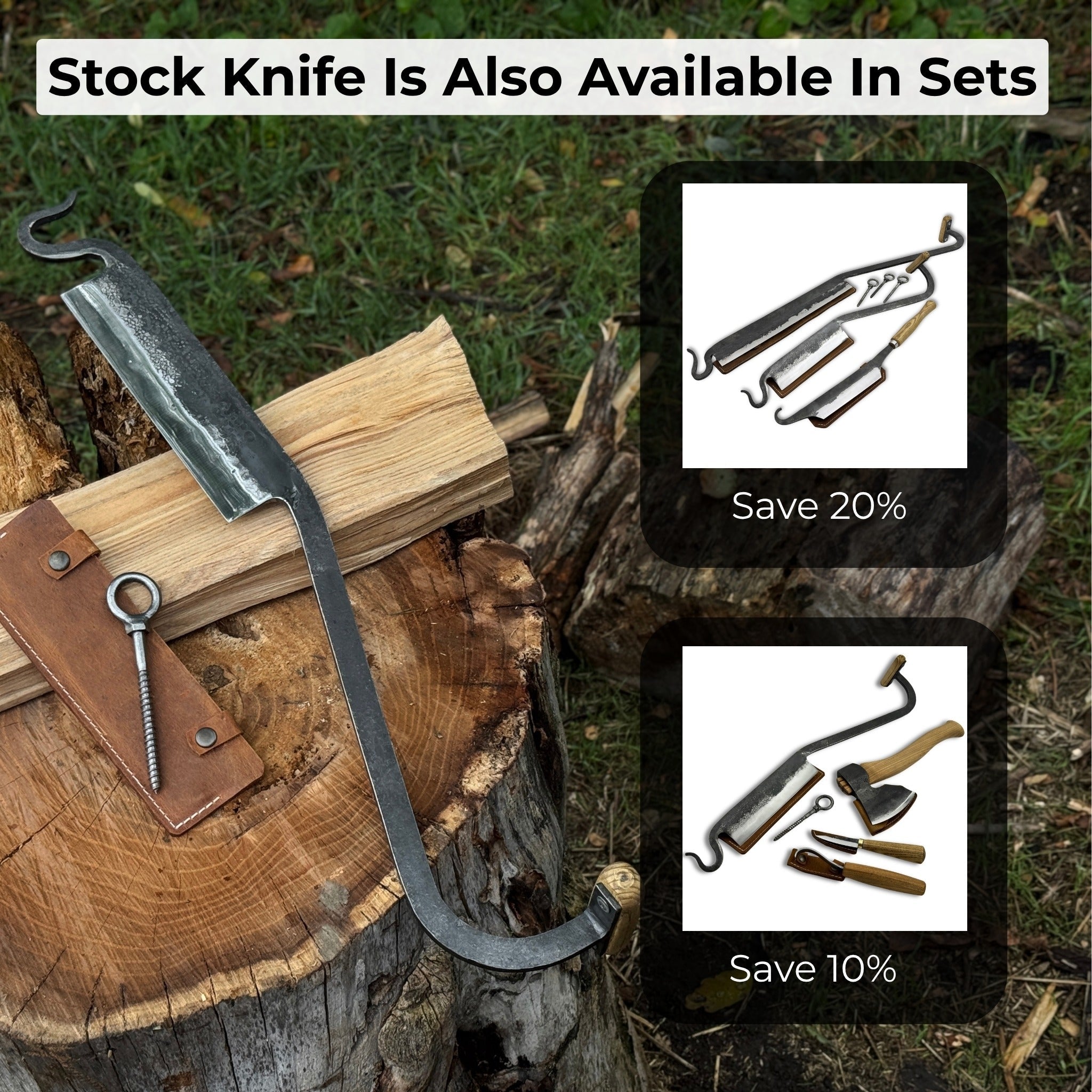 Medium Stock Knife - Hand-forged cloggers knife with ash handle and leather sheath