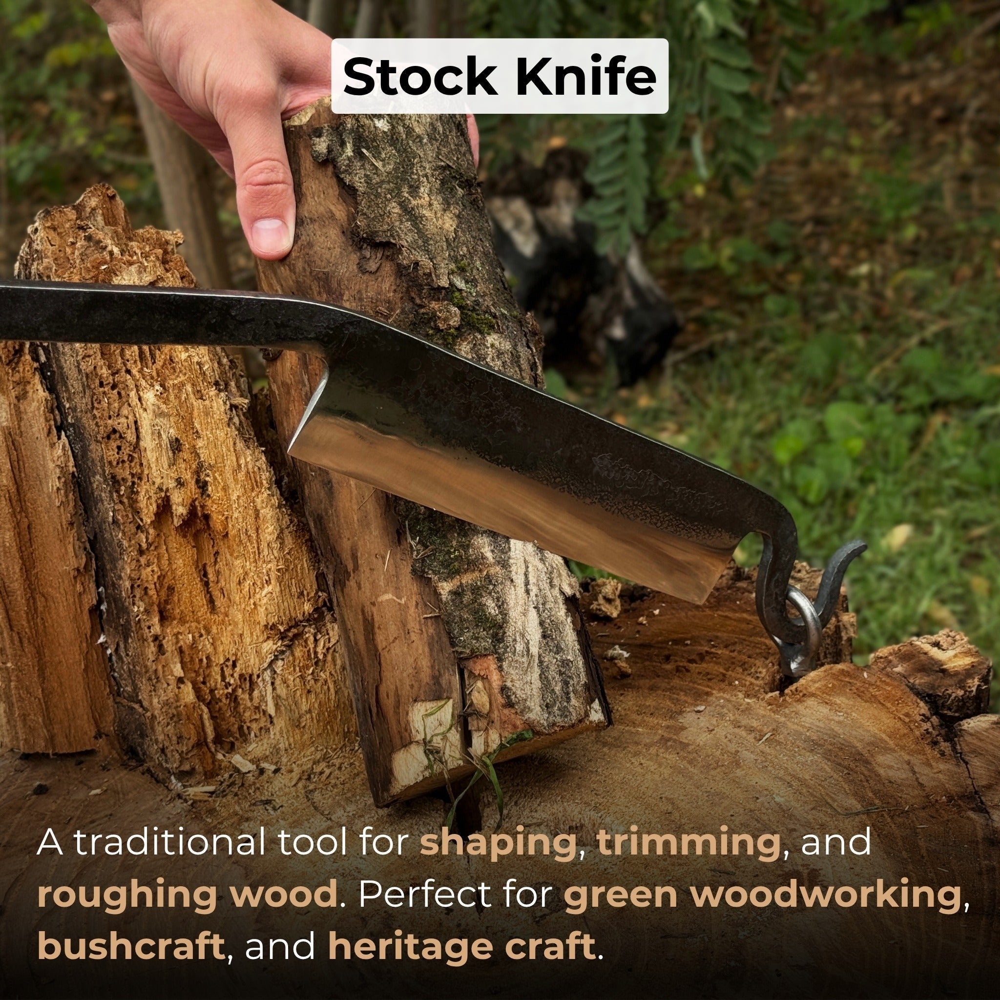Medium Stock Knife - Hand-forged cloggers knife with ash handle and leather sheath