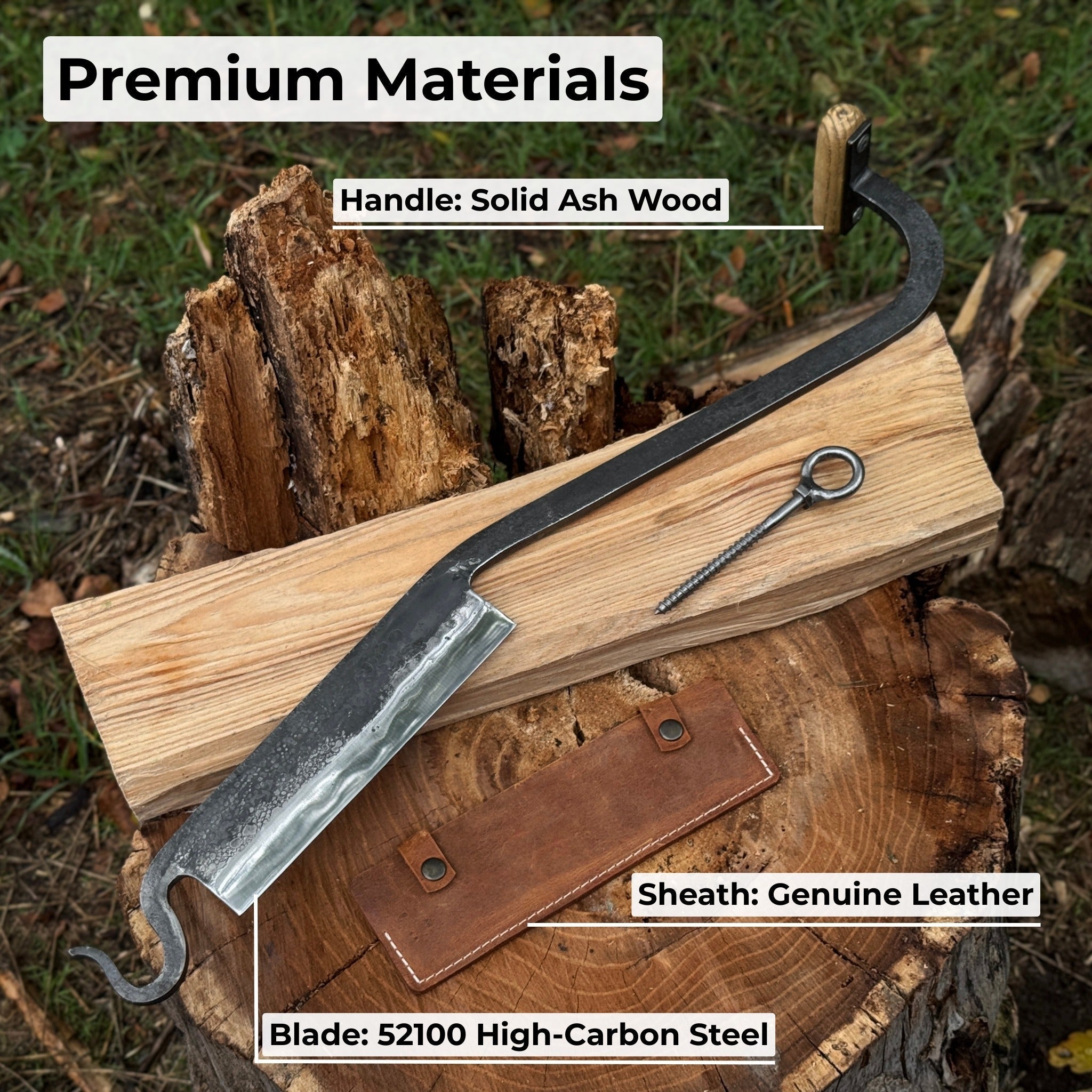 Medium Stock Knife - Hand-forged cloggers knife with ash handle and leather sheath