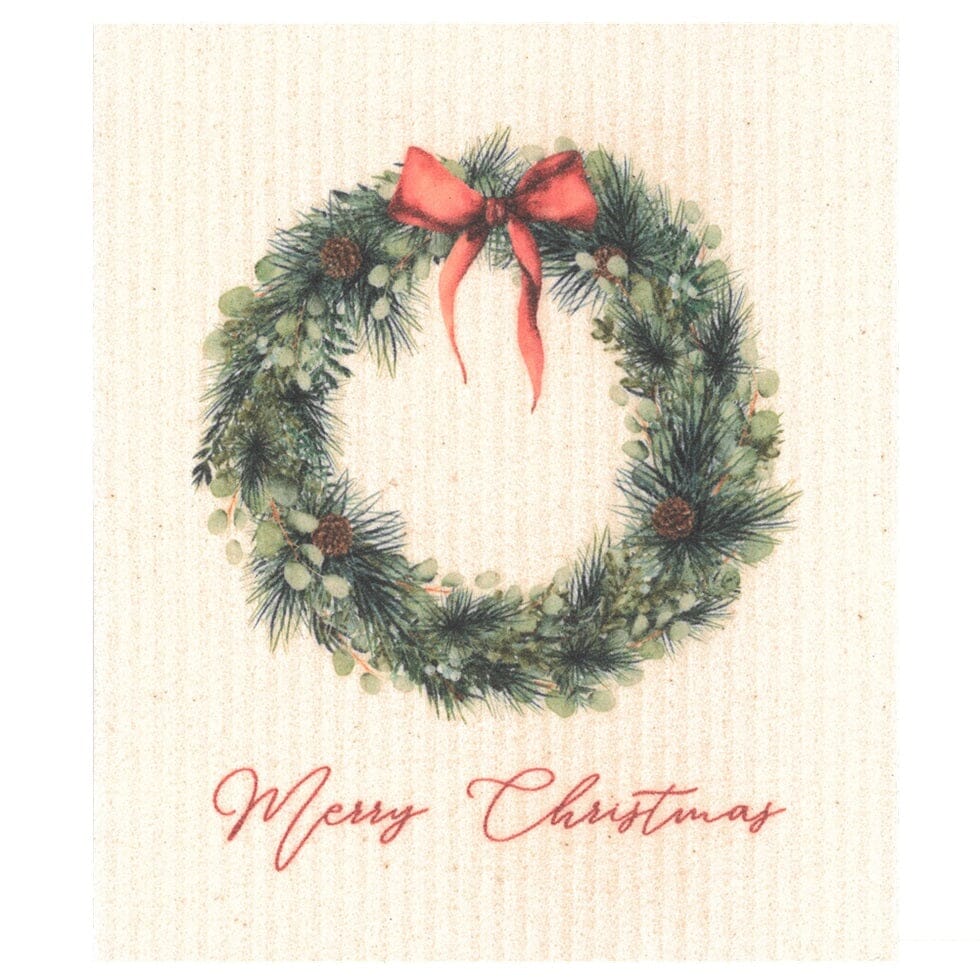 Merry Christmas Wreath with Red Bow Swedish Dishcloth by sweetgum home, LLC - main product image for Resin Society