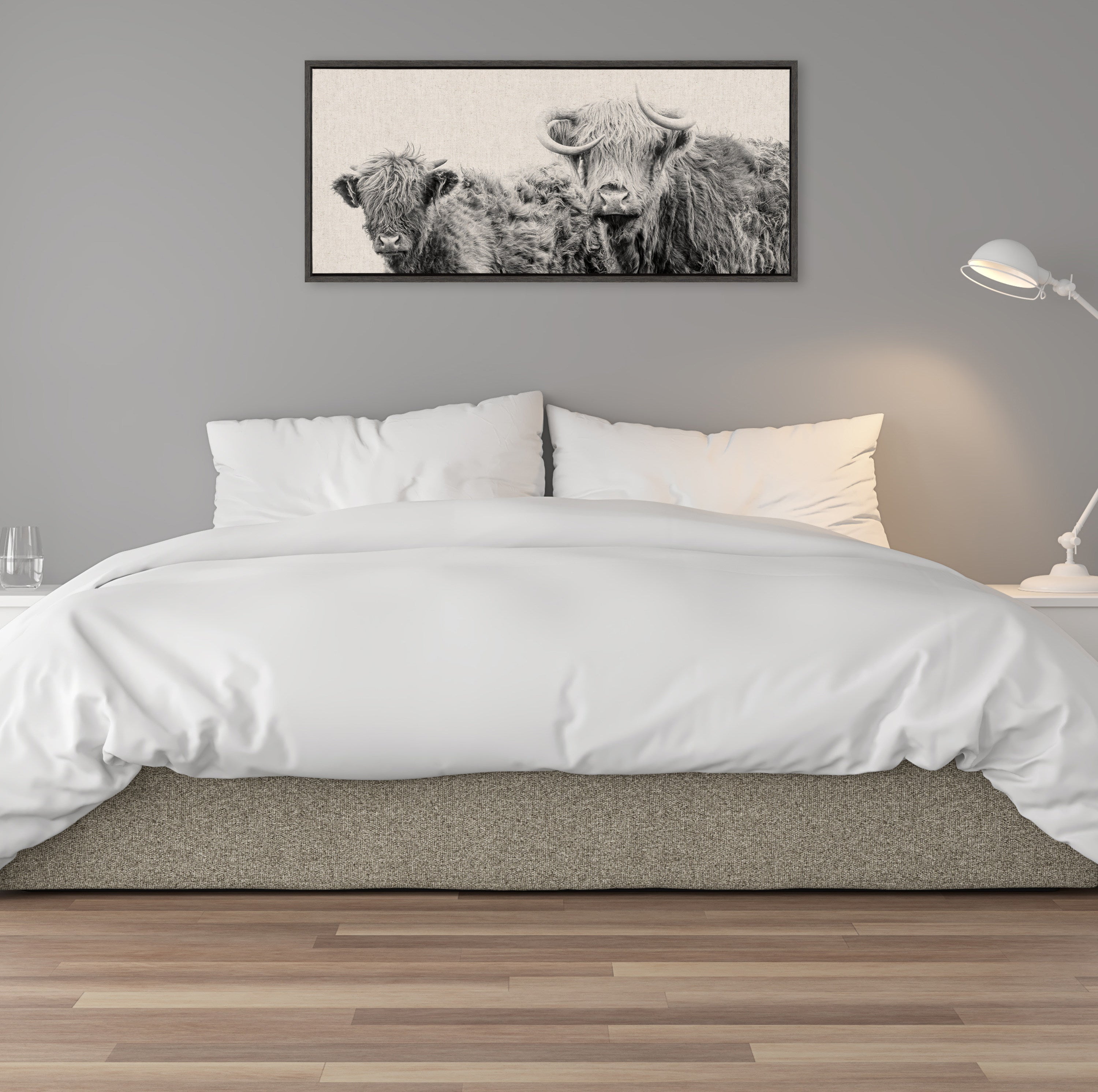 Sylvie Two Highland Cow Best Friends Neutral Linen Bright Framed Canvas