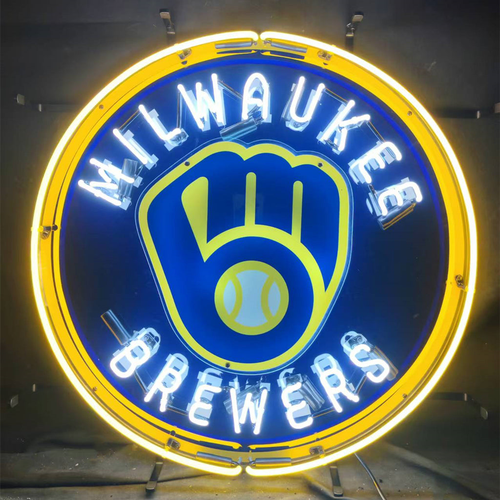 Milwaukee Brewers Logo Neon Sign Light glowing against dark background