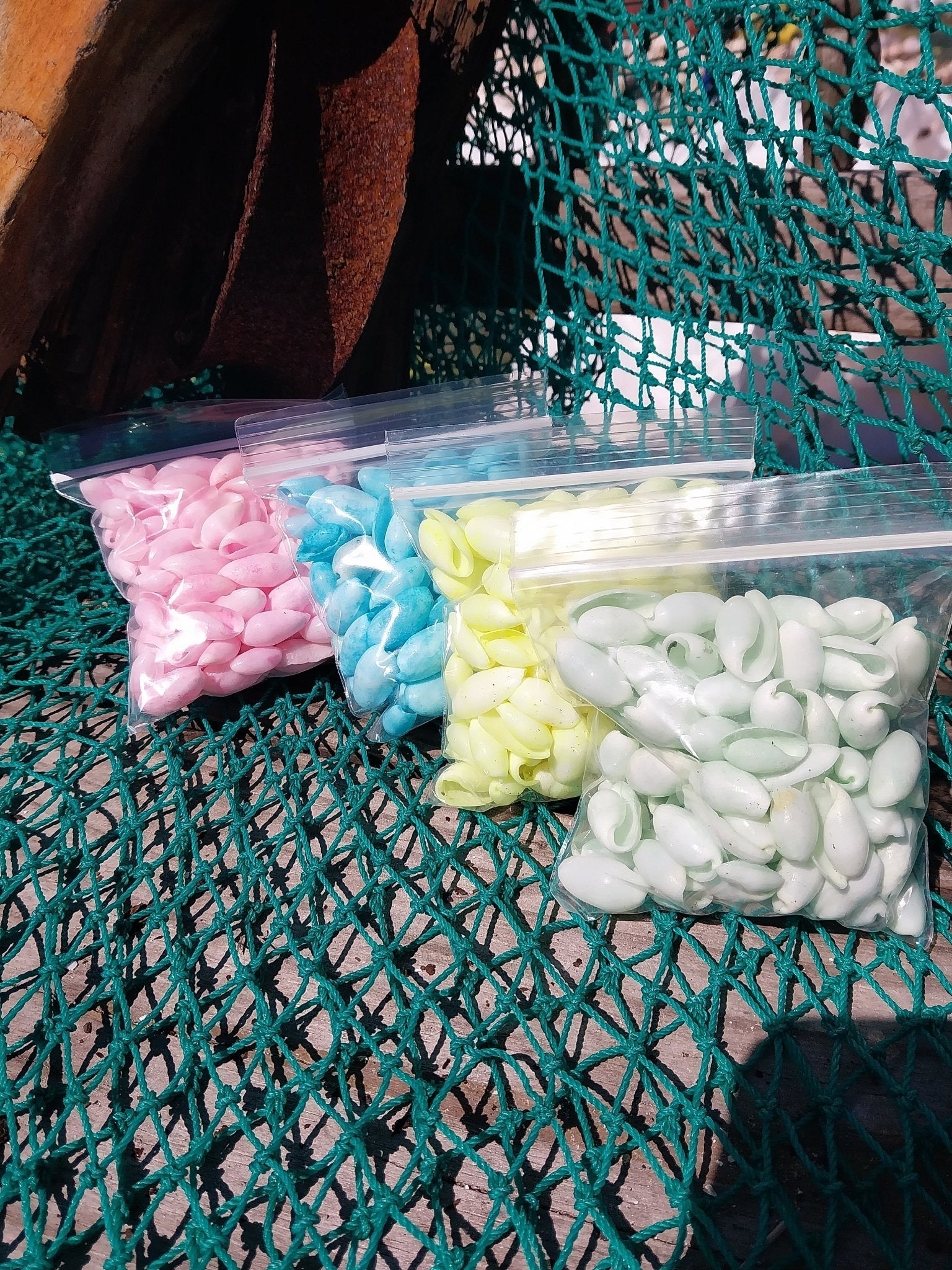 Bulk pastel dyed bubble shells in soft pink, blue, seafoam green, and yellow shades for crafting and DIY projects