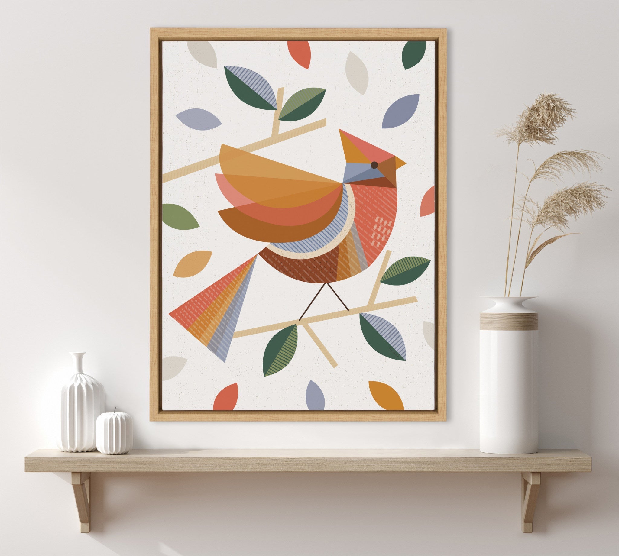 Sylvie Cardinal with Fall Leaves Framed Canvas by Carey Copeland