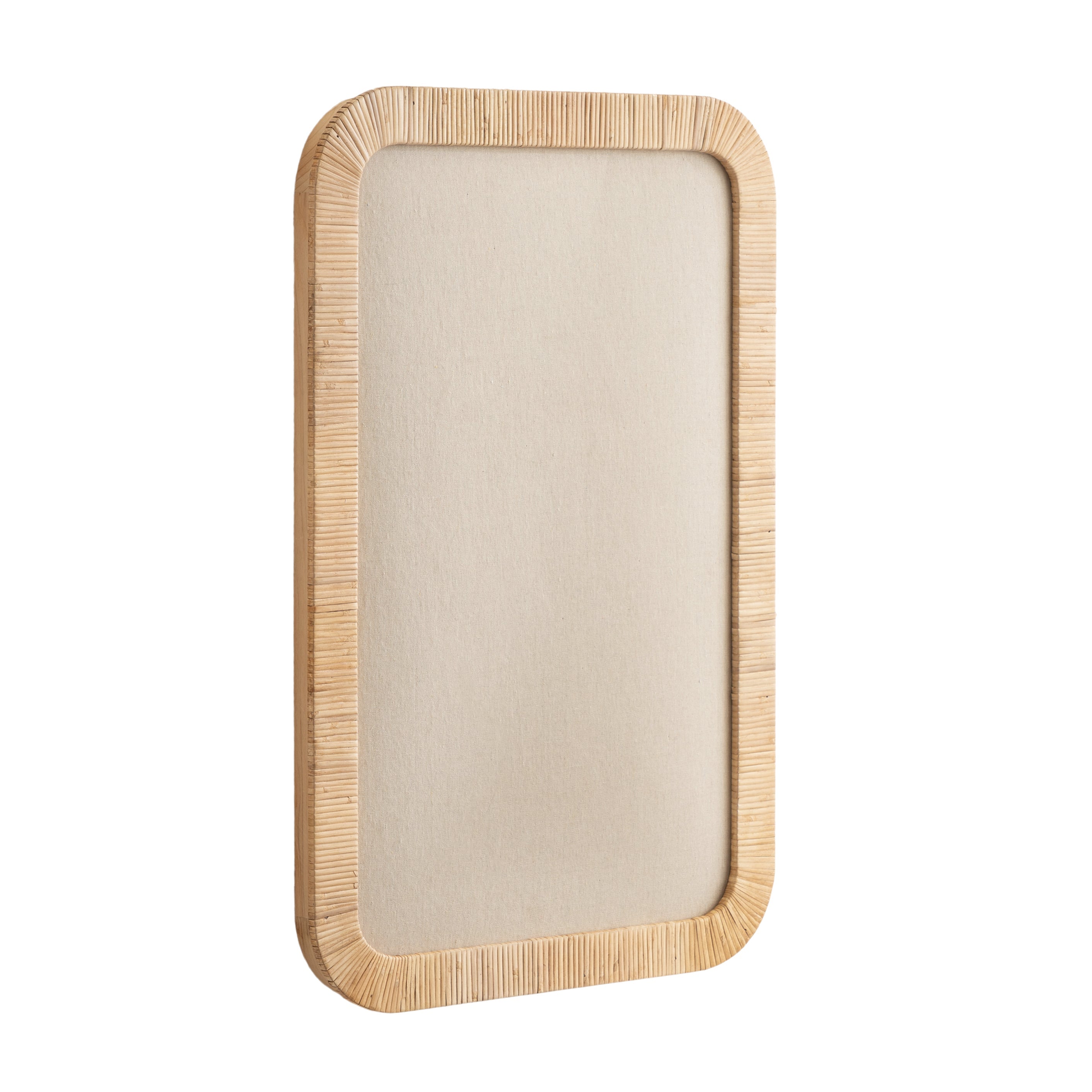 Rahfy Framed Fabric Pinboard with natural rattan frame and soft linen pinning surface mounted on wall