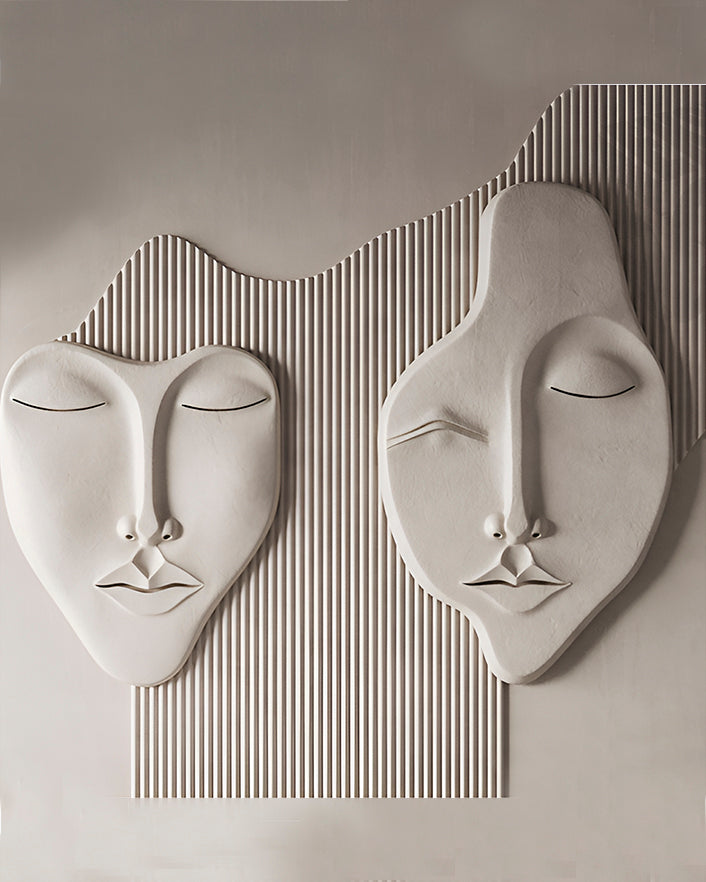 Wabi-Sabi 3D Face Wall Relief Art showing two abstract faces on a fluted textured panel in various colors and sizes