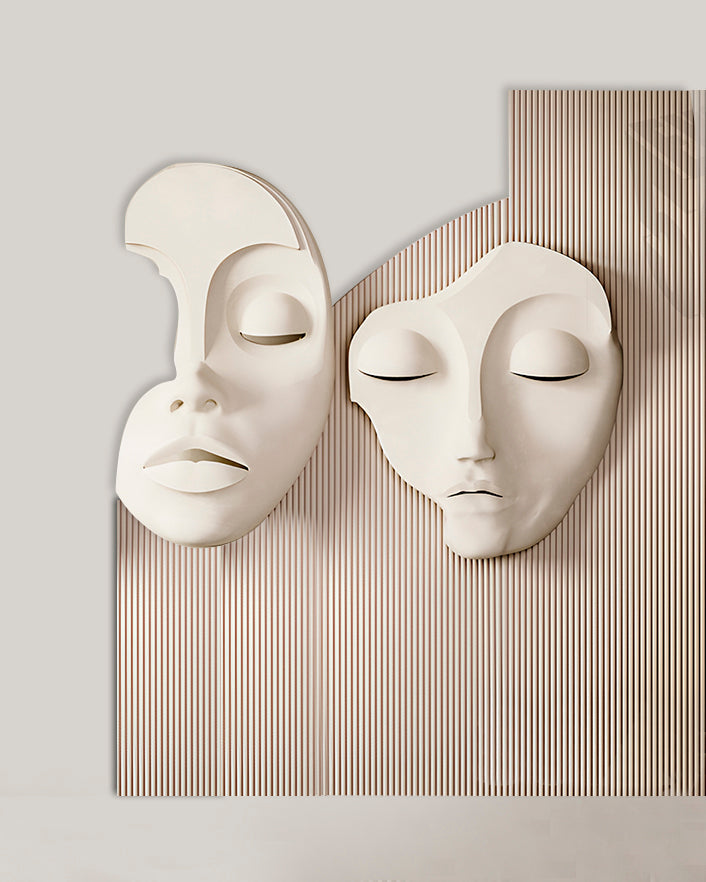 Wabi-Sabi 3D Face Wall Relief Art showing two abstract faces on a fluted textured panel in various colors and sizes