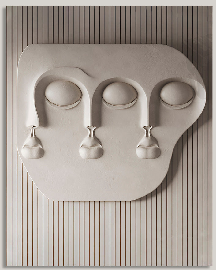 Wabi-Sabi 3D Face Wall Relief Art showing two abstract faces on a fluted textured panel in various colors and sizes