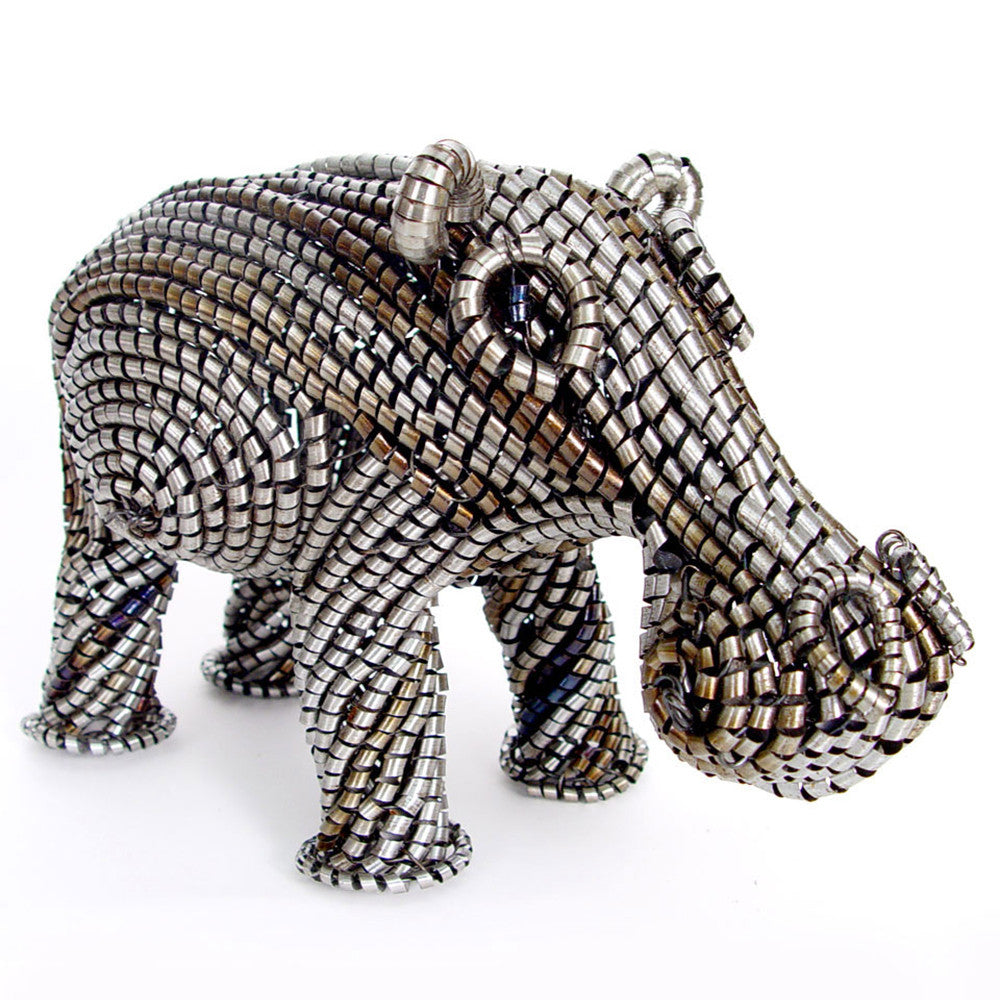 Recycled Metal Shaving Hippo sculpture showing detailed metal shaving texture in a standing pose on a flat surface