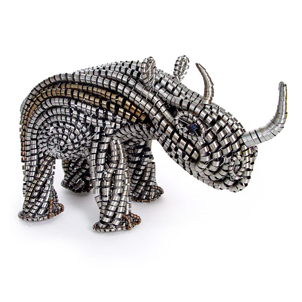 Metal Shaving Rhino sculpture by Peter Mwayedza, showing intricate metal shavings in the form of a rhinoceros