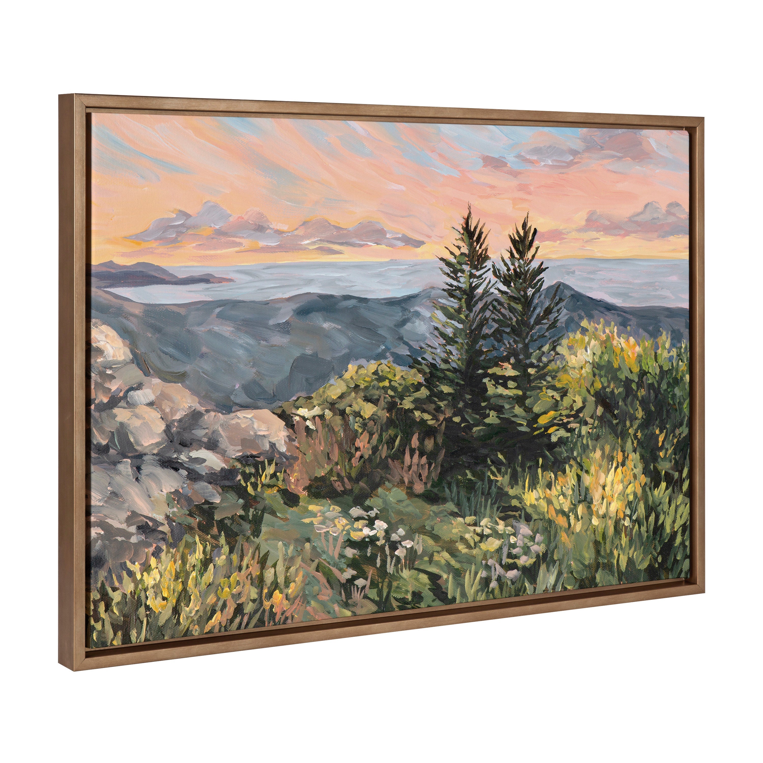 Framed canvas art of a sunrise in Maine by Emily Kenney with soft warm light and muted colors