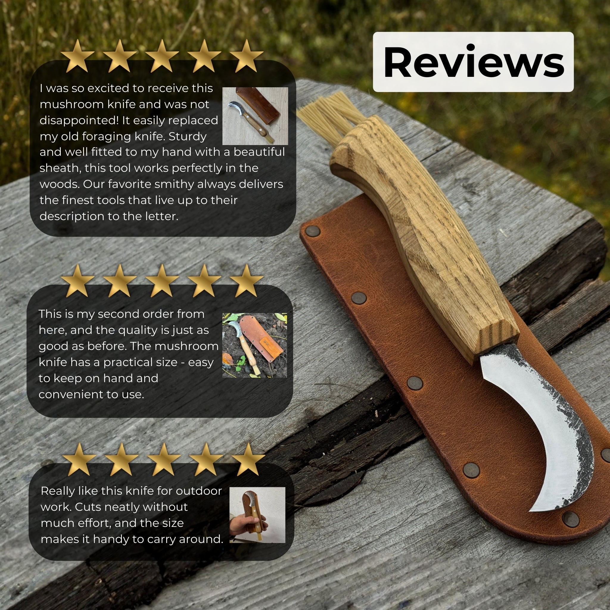 Mushroom knife with carbon steel blade, ash wood handle, and built-in brush, shown with leather sheath
