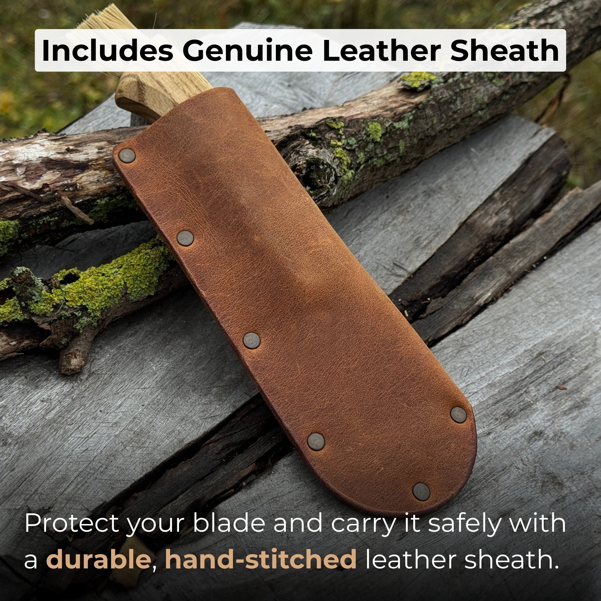 Mushroom knife with carbon steel blade, ash wood handle, and built-in brush, shown with leather sheath