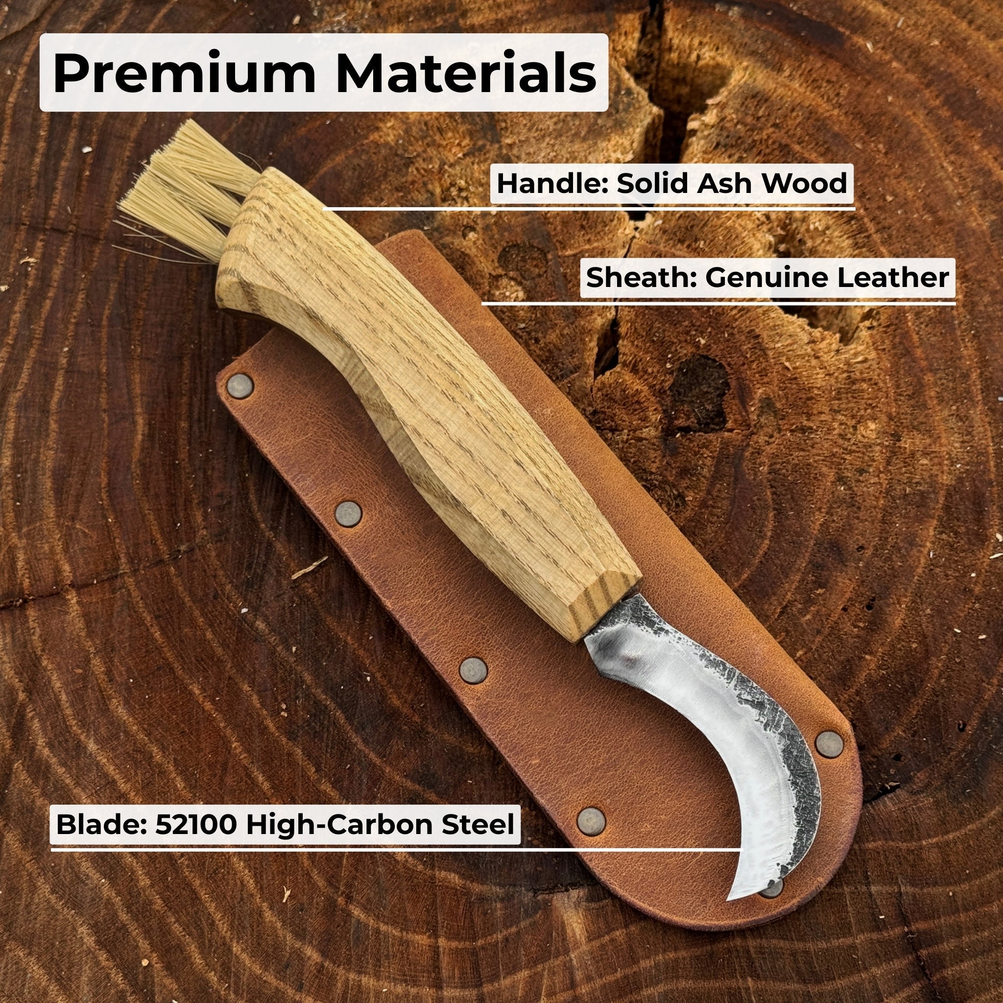 Mushroom knife with carbon steel blade, ash wood handle, and built-in brush, shown with leather sheath