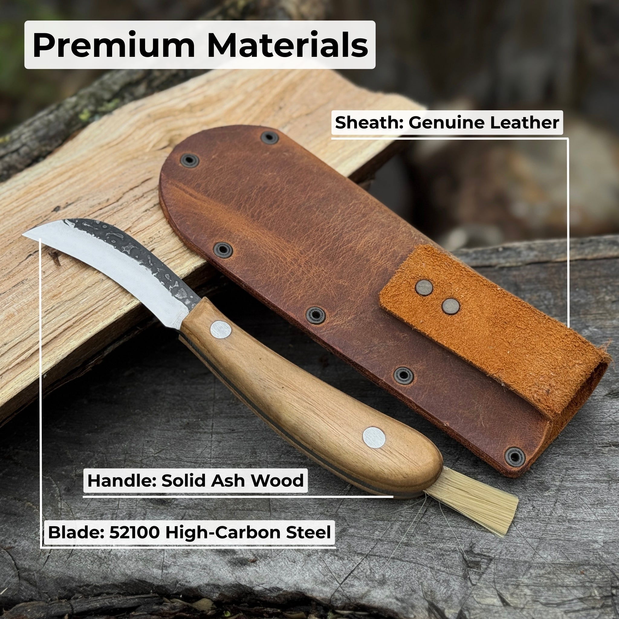Mushroom knife with carbon steel blade, ash wood handle, built-in brush, and leather sheath for forest foraging
