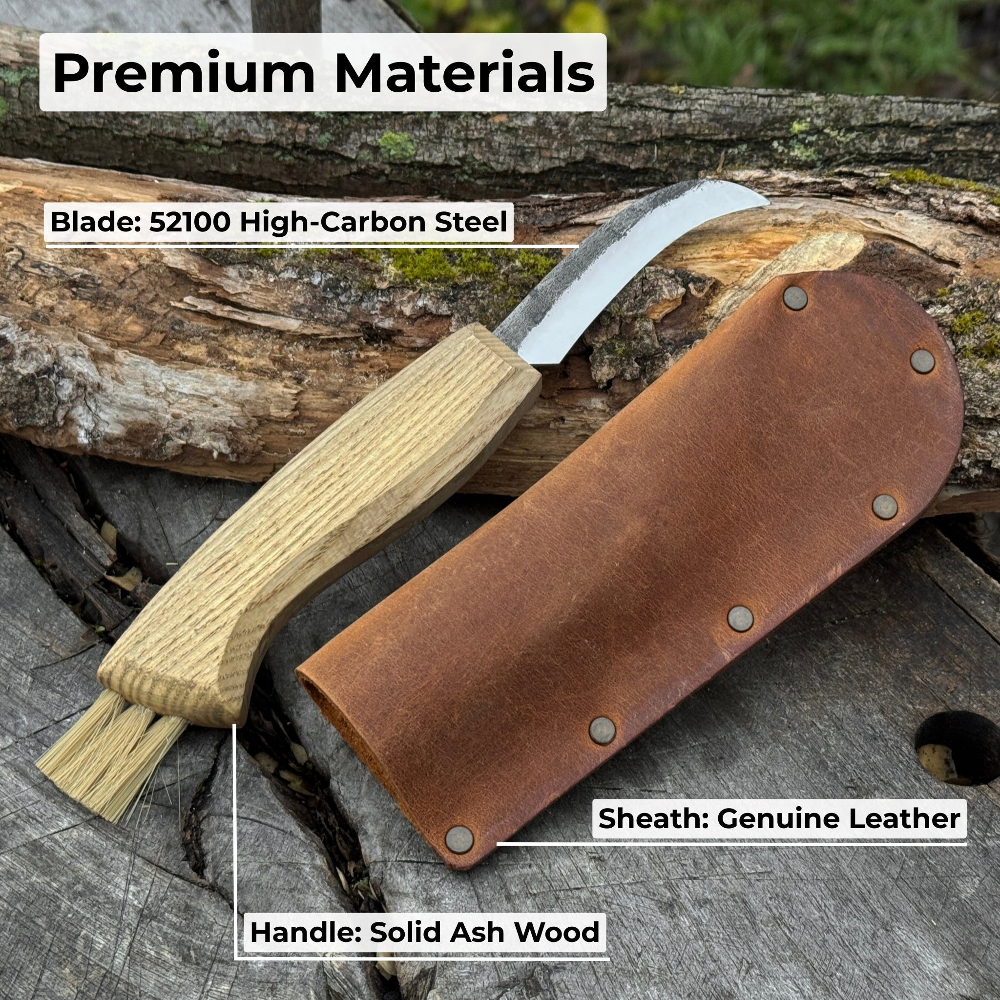 Mushroom knife with 7.5 cm carbon steel blade, ash wood handle, and built-in brush for harvesting mushrooms