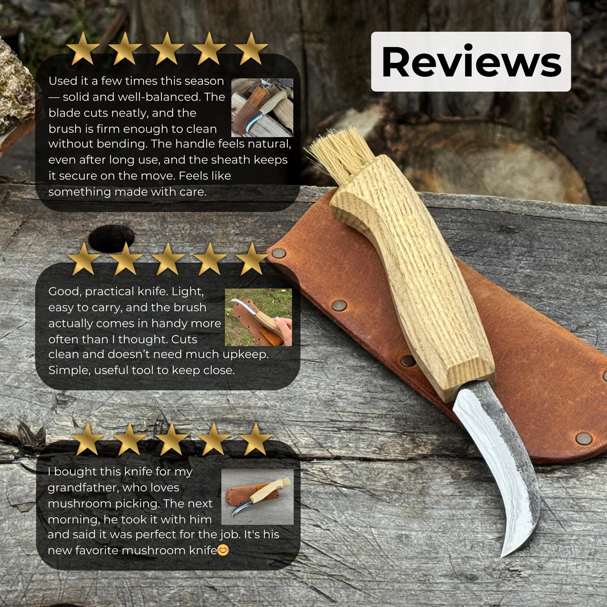Mushroom knife with 7.5 cm carbon steel blade, ash wood handle, and built-in brush for harvesting mushrooms