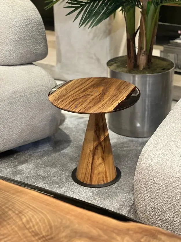Mushroom Side and End Table made of Walnut wood and clear epoxy resin with sculptural cone-shaped base