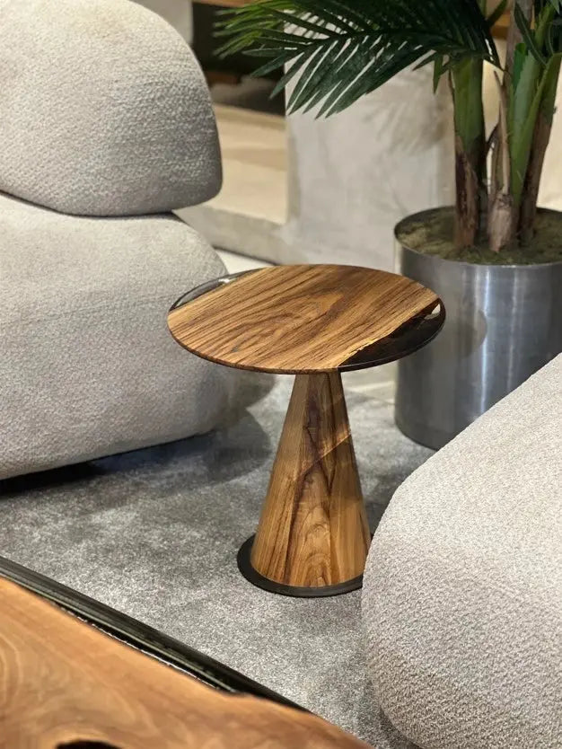 Mushroom Side and End Table made of Walnut wood and clear epoxy resin with sculptural cone-shaped base