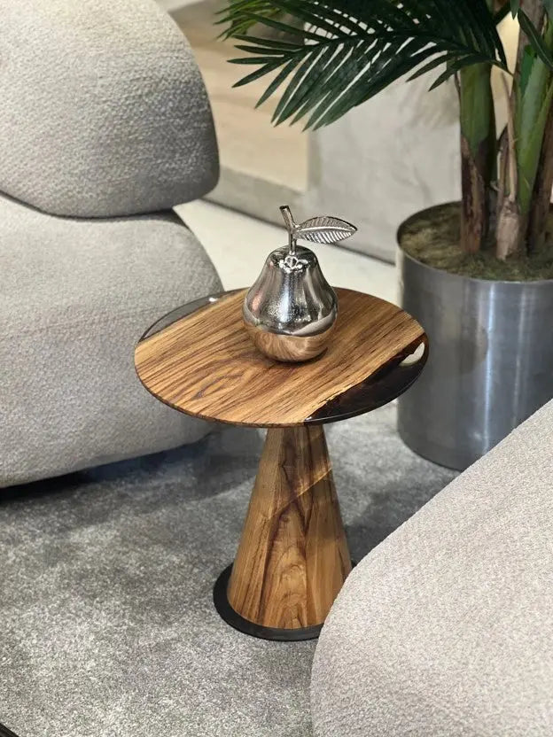 Mushroom Side and End Table made of Walnut wood and clear epoxy resin with sculptural cone-shaped base