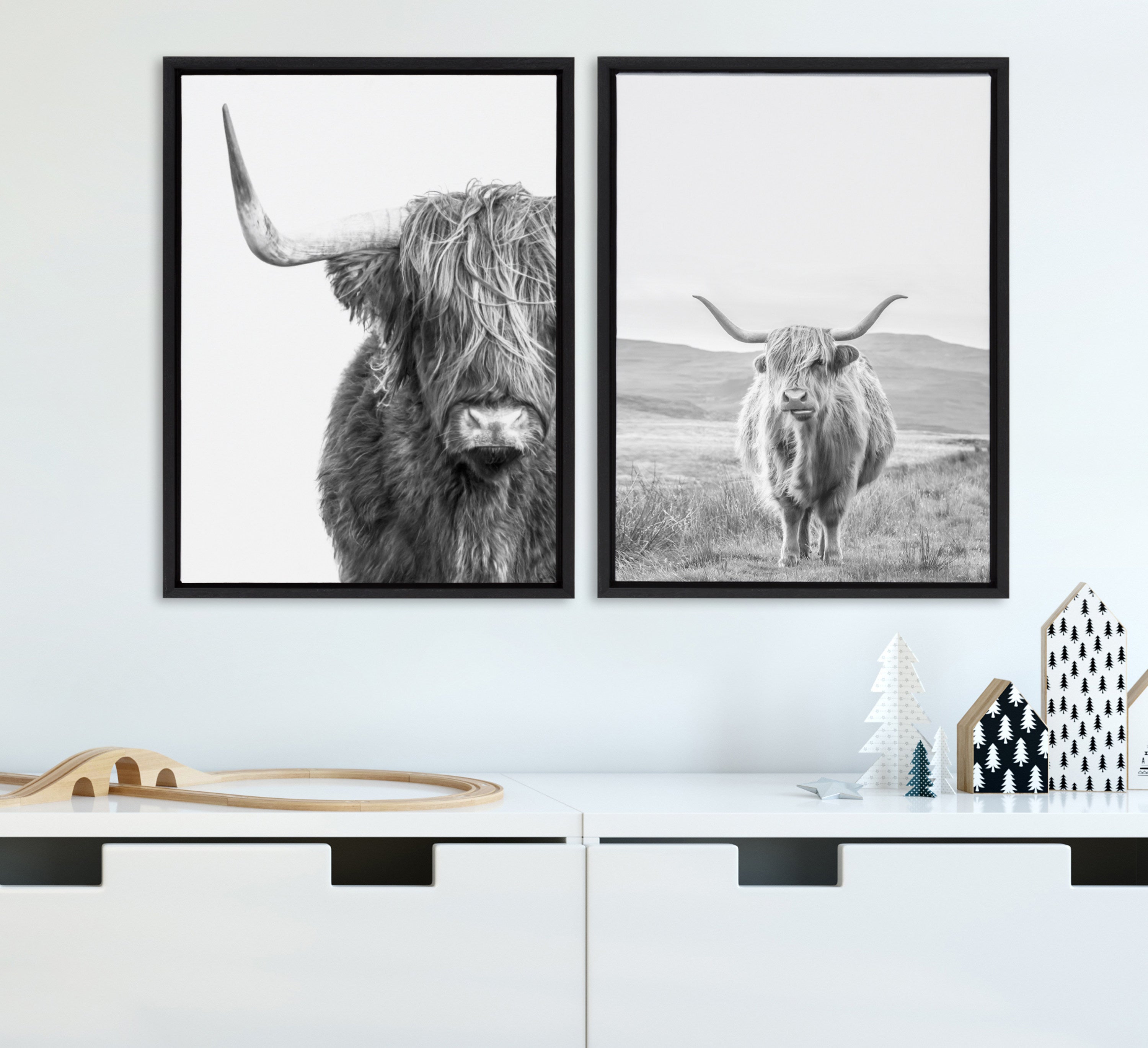 Sylvie B&W Highland Cow No. 1 Framed Canvas by Amy Peterson Art Studio