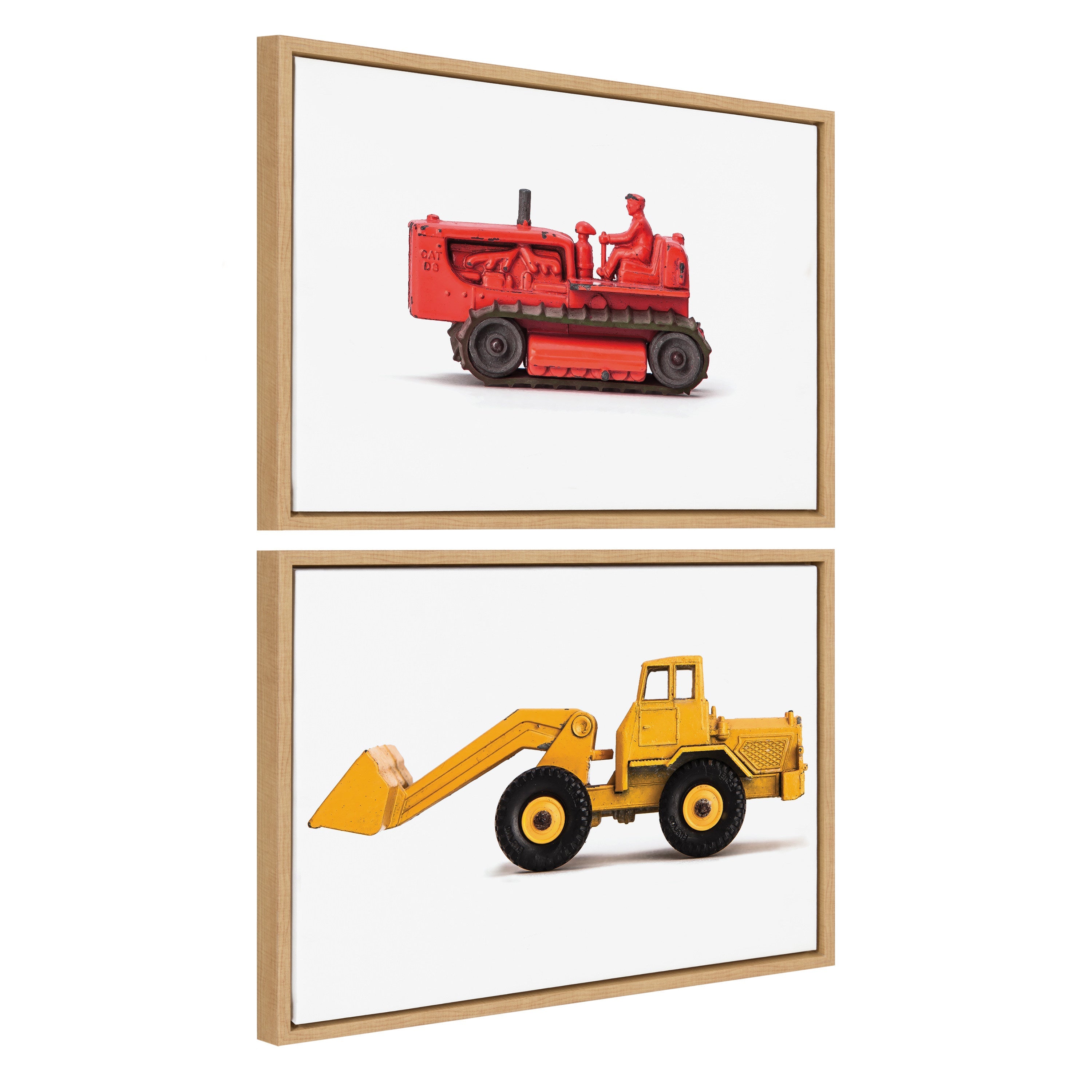 Sylvie Vintage Toy Bulldozer Red and Vintage Toy Front End Loader Yellow Framed Canvas Art Set by Saint and Sailor Studios