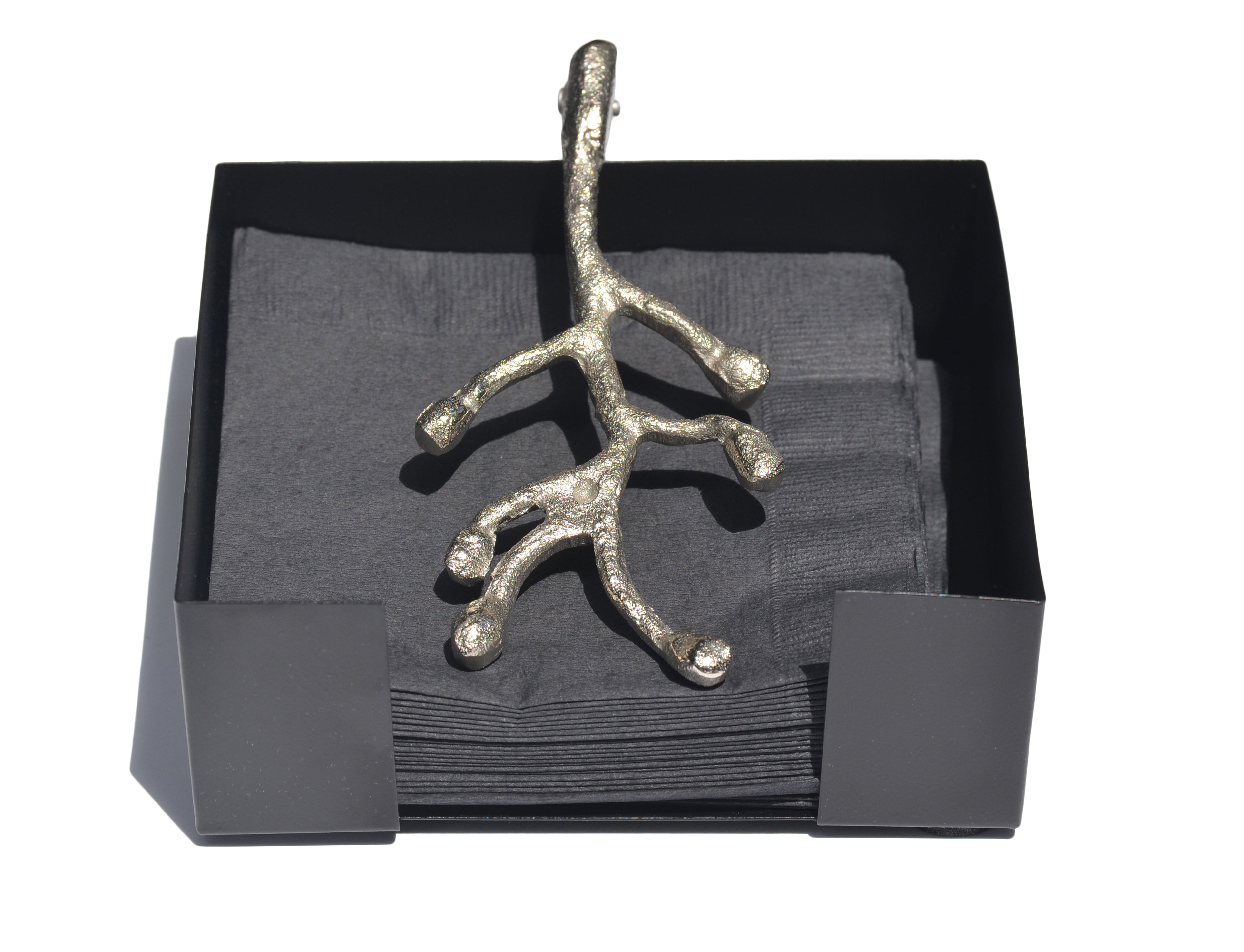 Silver Vibhsa Napkin Holder with antique flower bud design on a dining table
