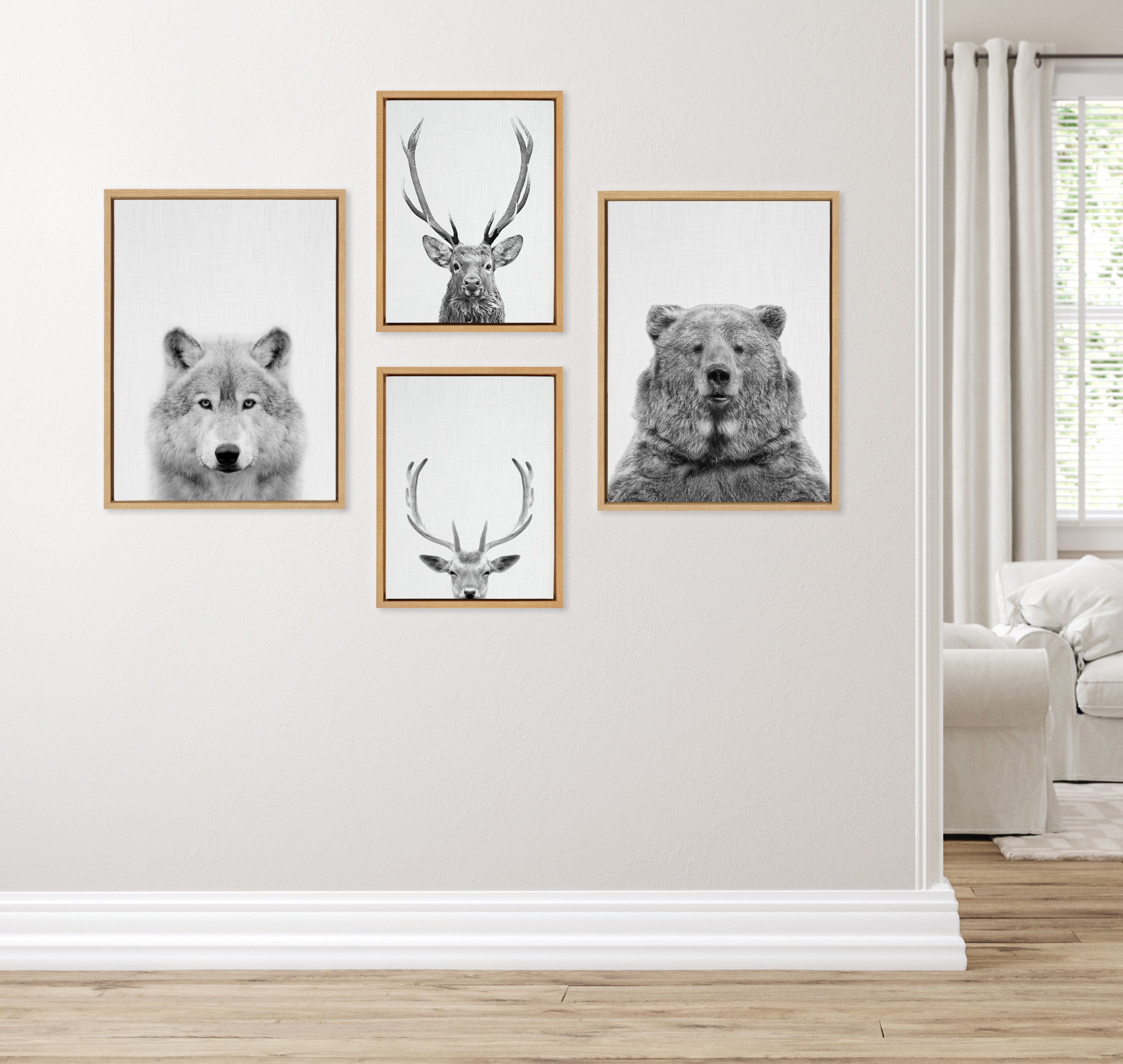 Sylvie Deer, Wolf, Bear European and Cervus Elaphus Black and White Framed Canvas Art Set