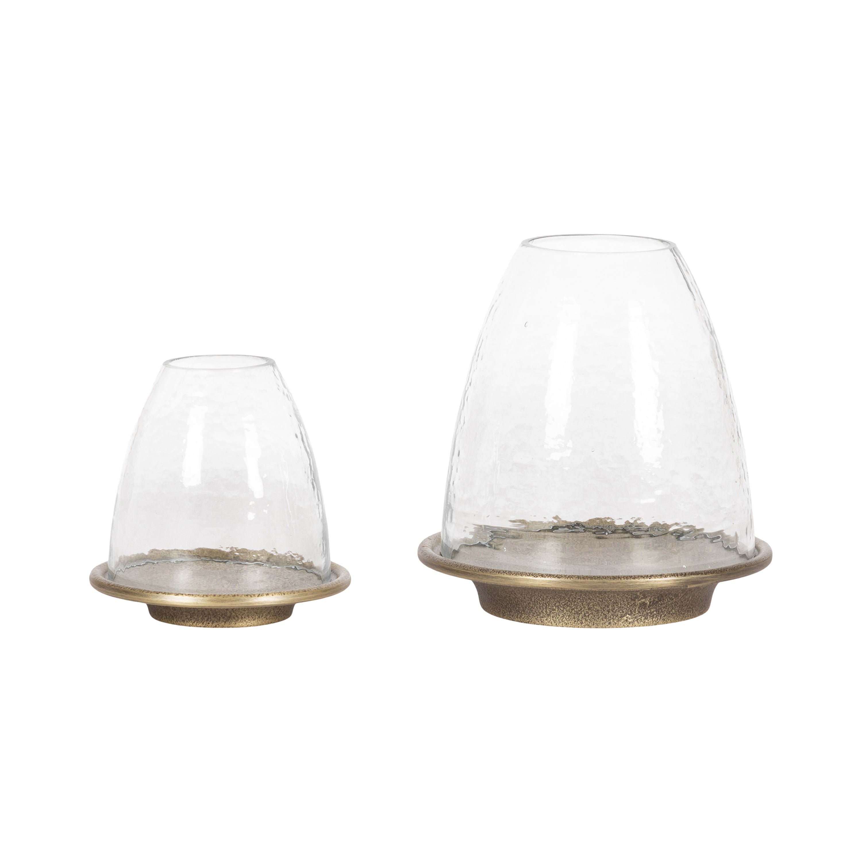 Campana Cloche Candle Holder Set featuring two metal bases with textured glass cloches, styled on a neutral surface