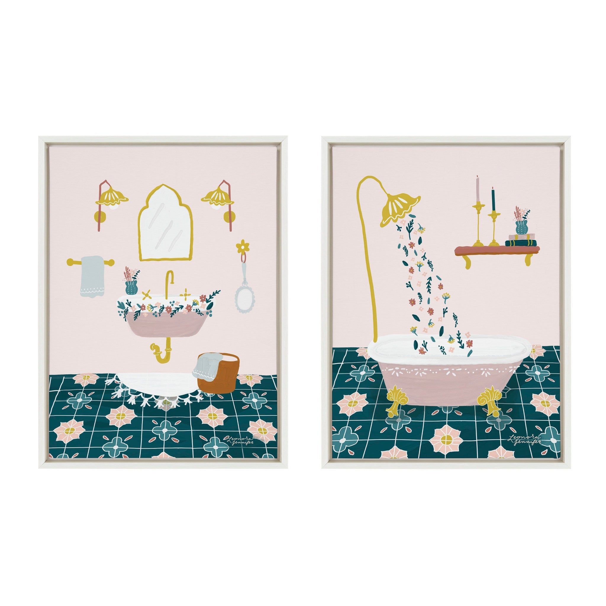 Sylvie Floral Sink and Floral Bath Framed Canvas Art Set by Leonora Jennifer Benza