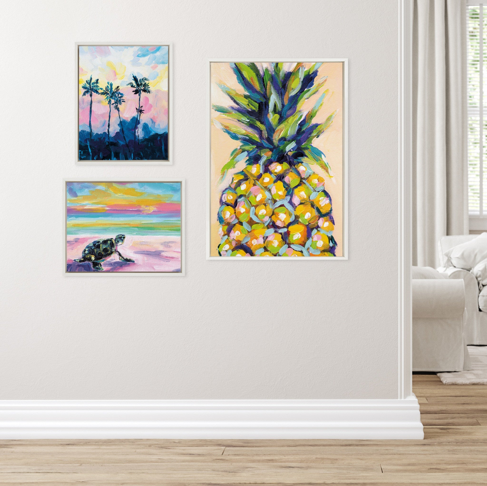Sylvie Pineapple Study No 2, Apache Junction Sunset and Sunset Sea Turtle Framed Canvas Art Set by Rachel Christopoulos